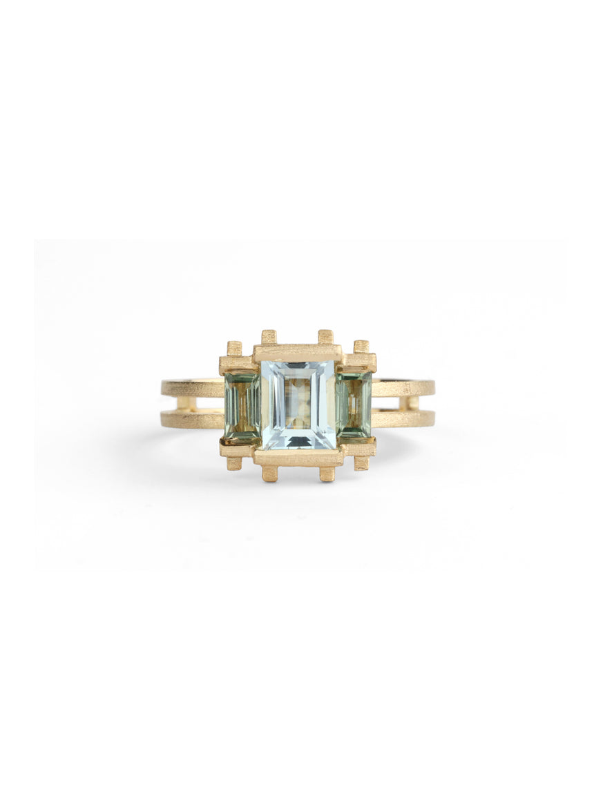 Aquamarine Three Stone Parallel Ring