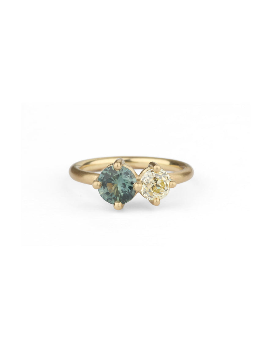 Teal Sapphire and Yellow Diamond Duo Ring