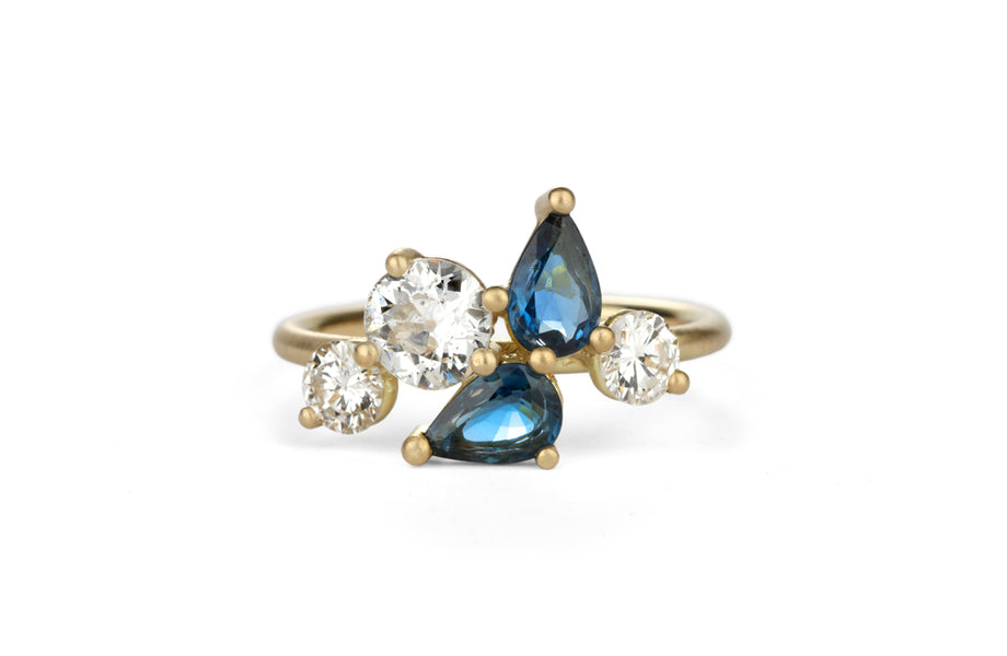 Blue Pearshape Asterism Cluster Ring
