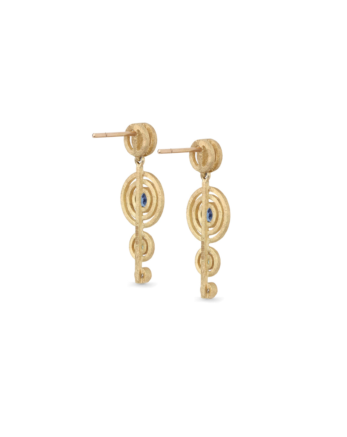 Drop earrings with concentric circular detail, set with blue sapphire, green beryl and white diamond. Textured 18ct yellow gold. Back view.
