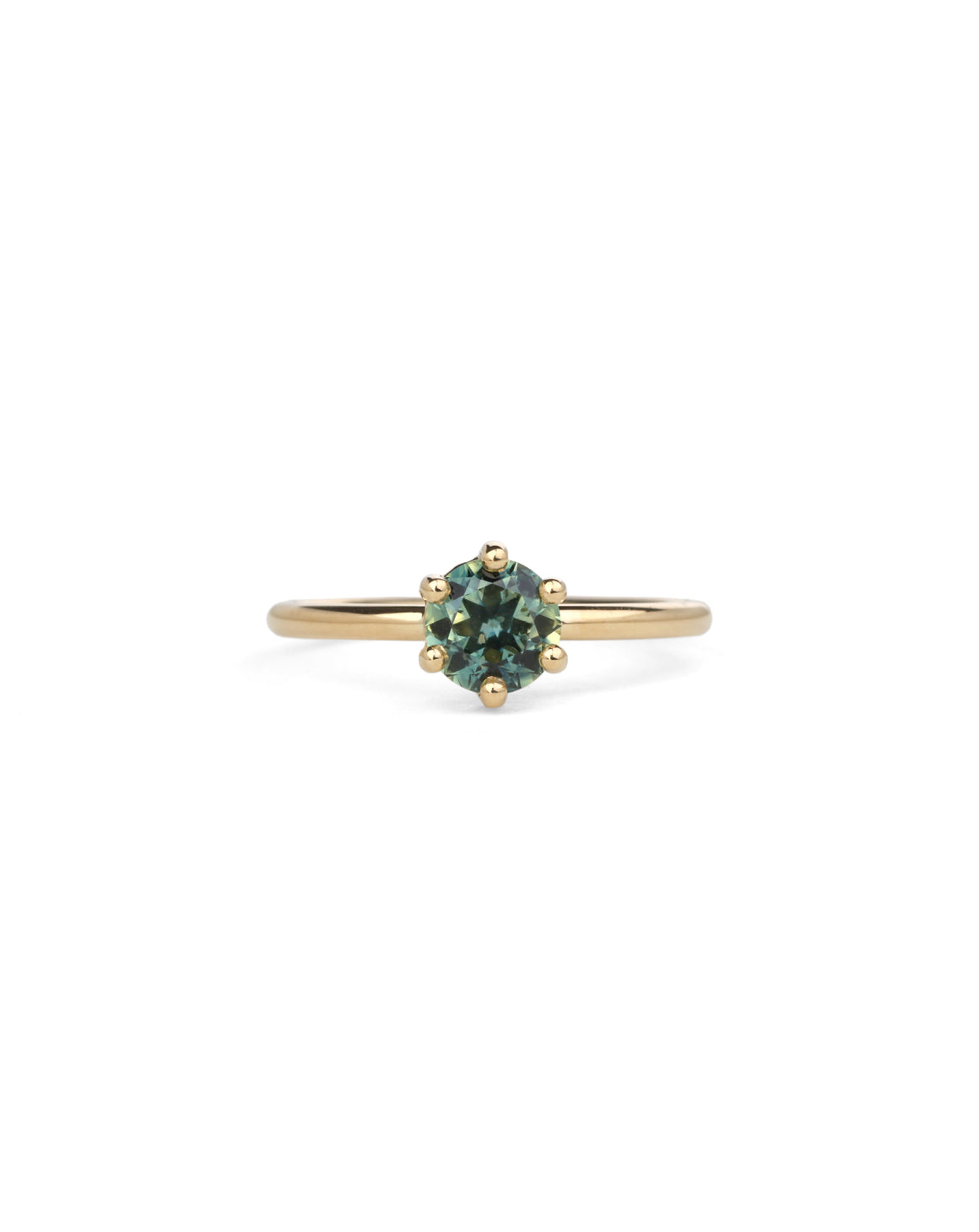 green blue sapphire ring with six claw setting and round profile band, front view.