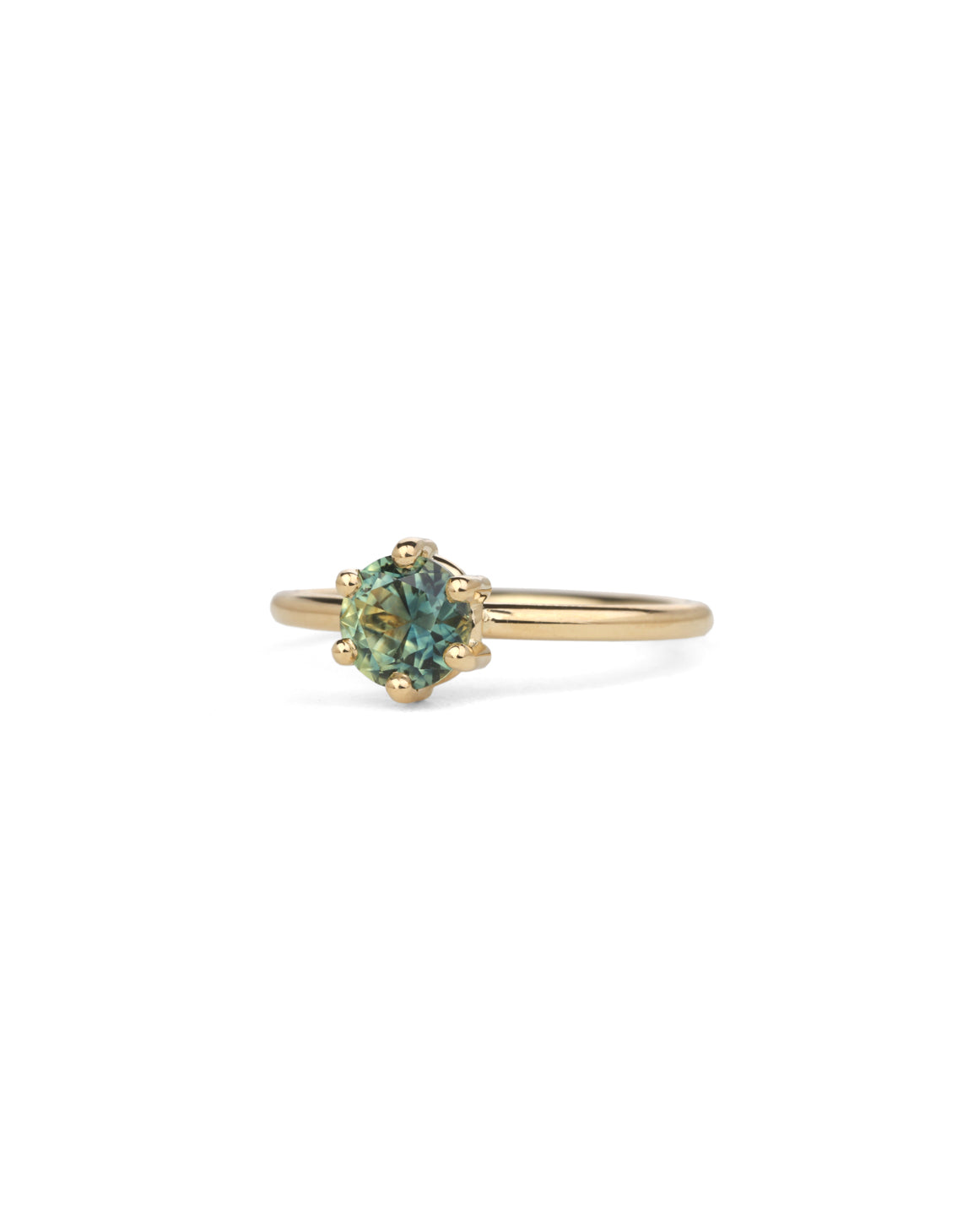 Green blue sapphire ring with six claw setting and round profile band, front view.