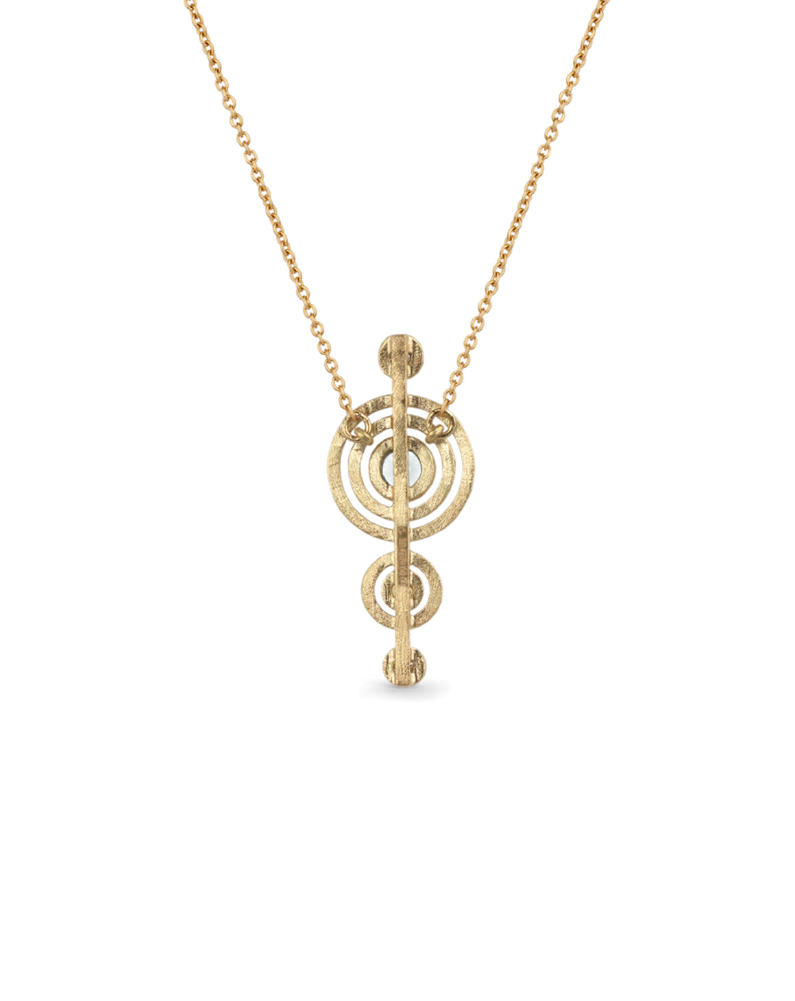 Geometric pendant with four white diamonds. 18ct yellow gold, textured finish. Back detail.