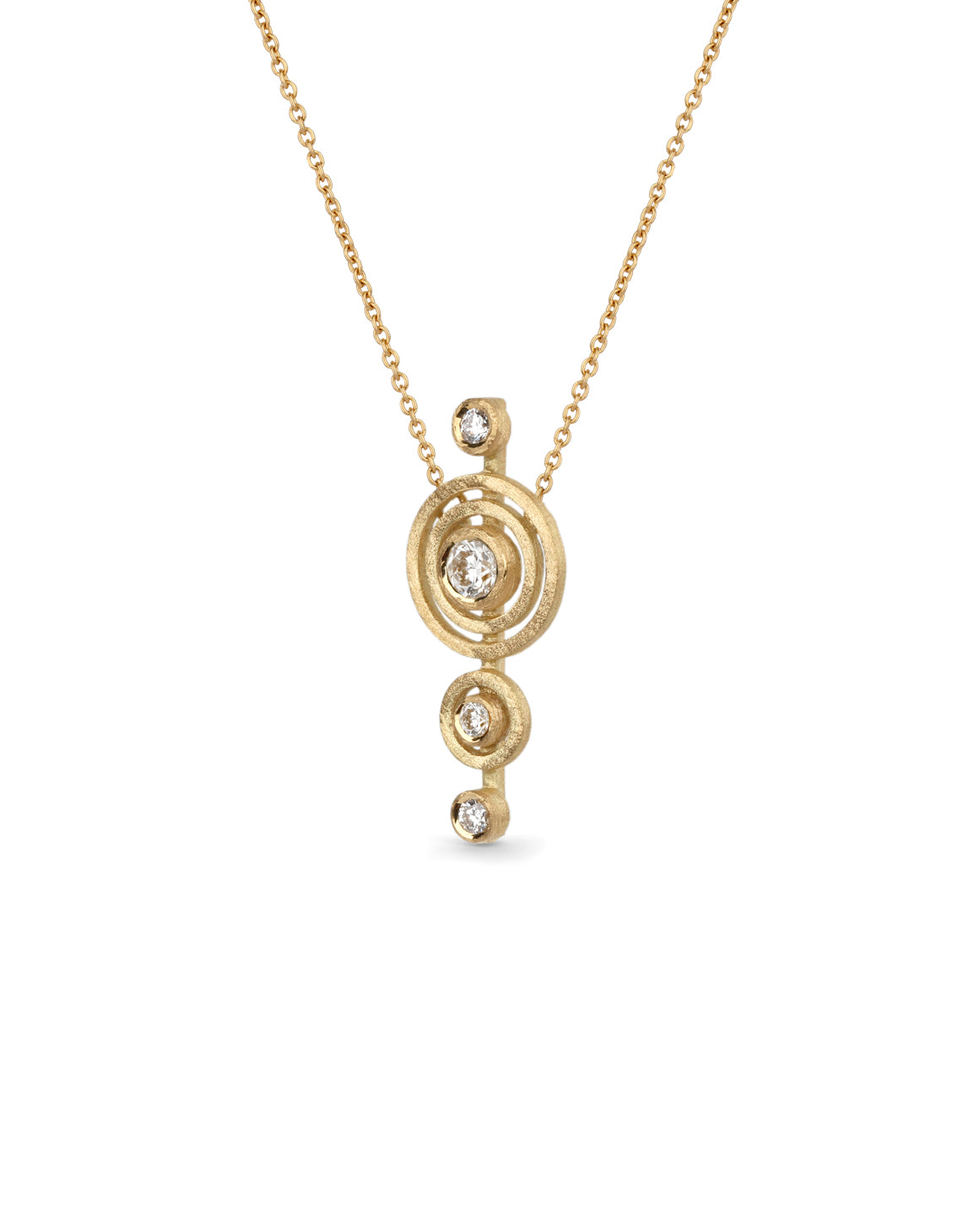 Geometric pendant with four white diamonds. 18ct yellow gold, textured finish. Side view.