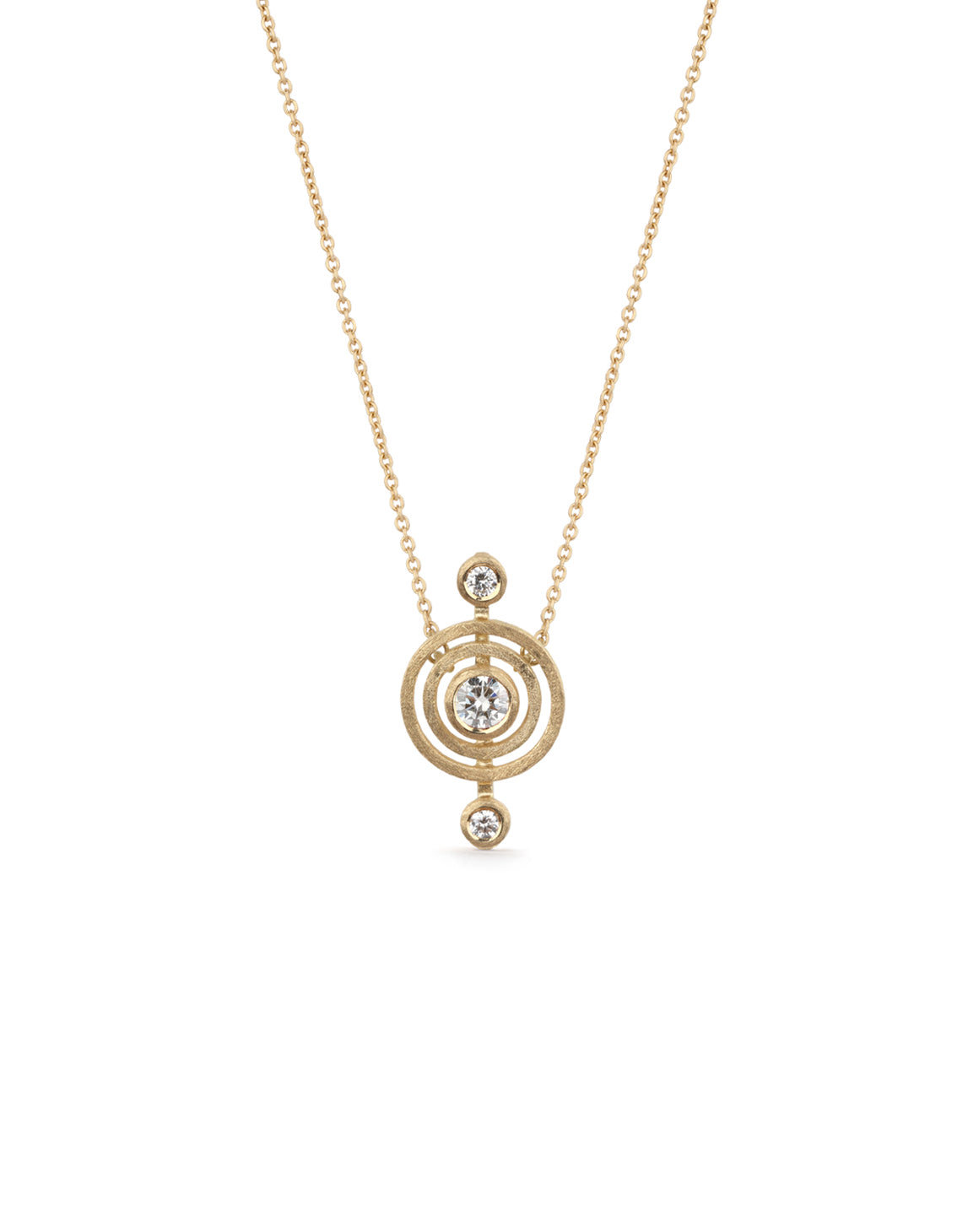 Geometric pendant with circular detail and three white diamonds. 18ct yellow god, textured finish.