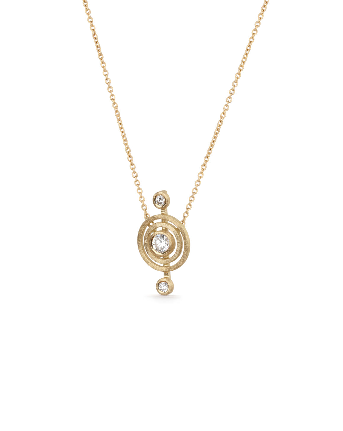 Geometric pendant with circular detail and three white diamonds. 18ct yellow god, textured finish. Side view.