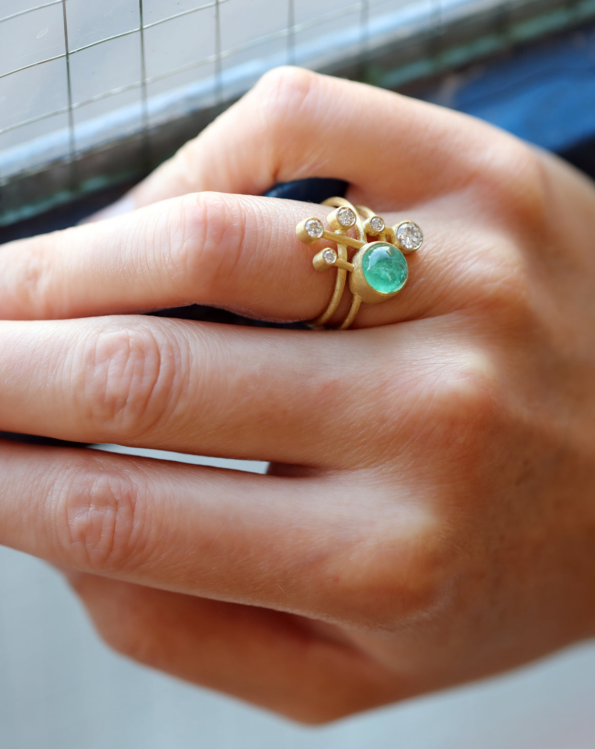 Emerald and Recycled Diamond Digamma Ring