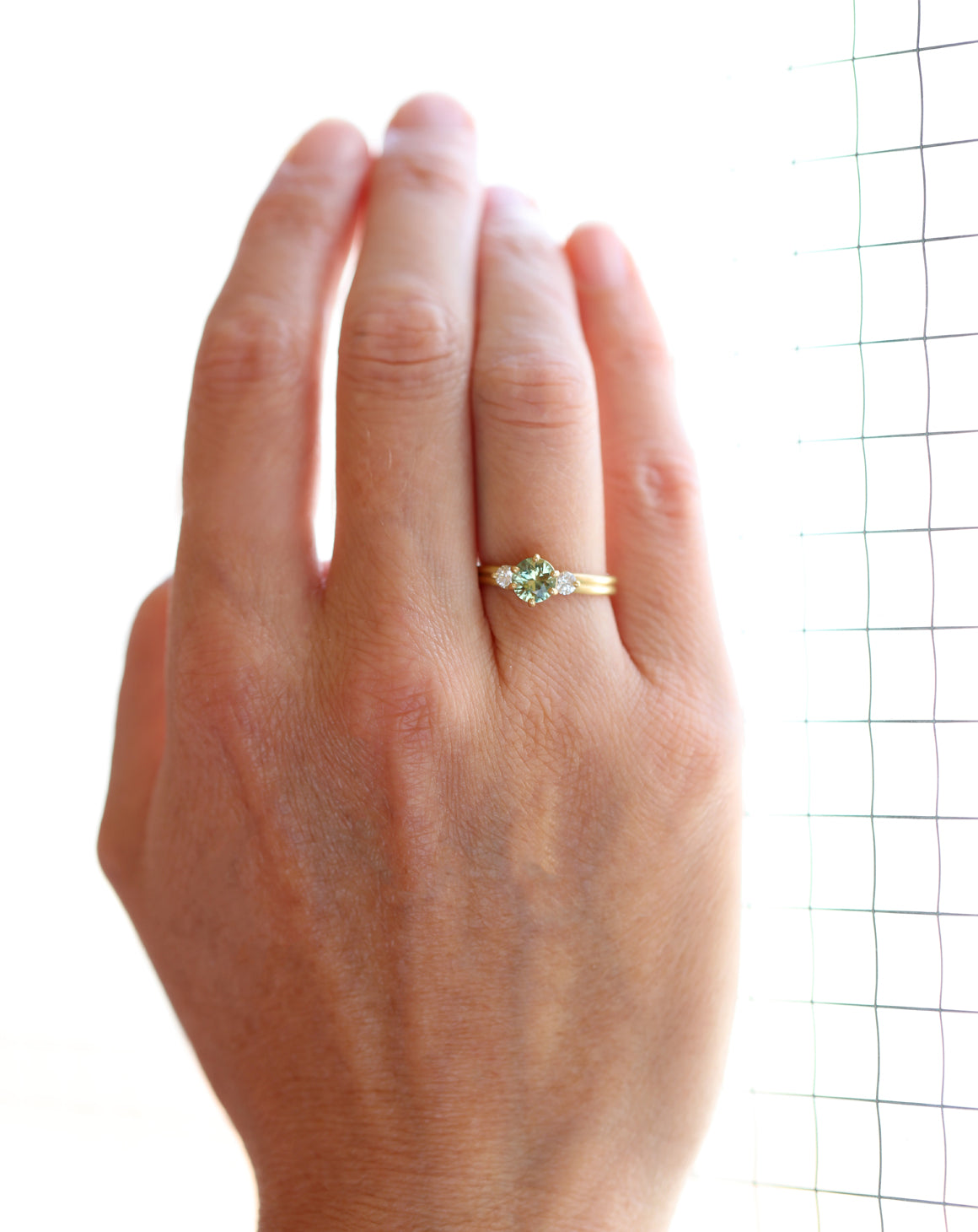 Light Teal Australian Sapphire Round Trio Dyad Engagement Ring