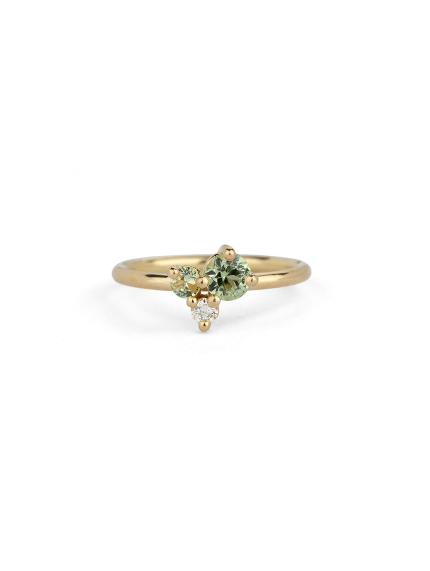 Light Green Australian Sapphire and Natural Diamond Round Trio Cluster Ring