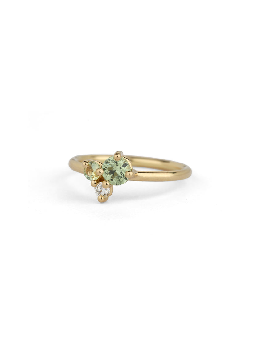 Light Green Australian Sapphire and Natural Diamond Round Trio Cluster Ring