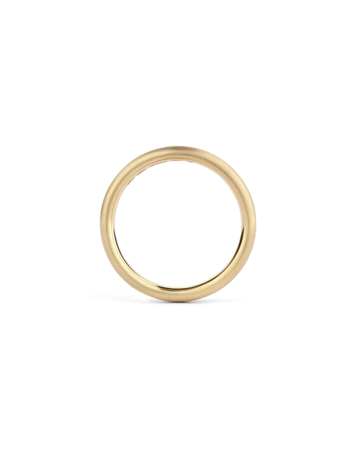 Curved ring band. 18ct yellow gold, satin finish. Side view.