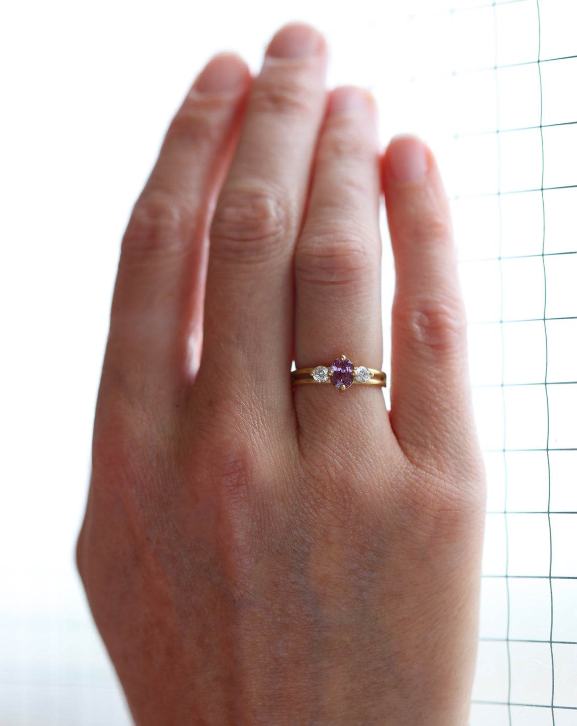 Pink Sapphire and Natural Diamond Oval Trio Split Engagement Ring