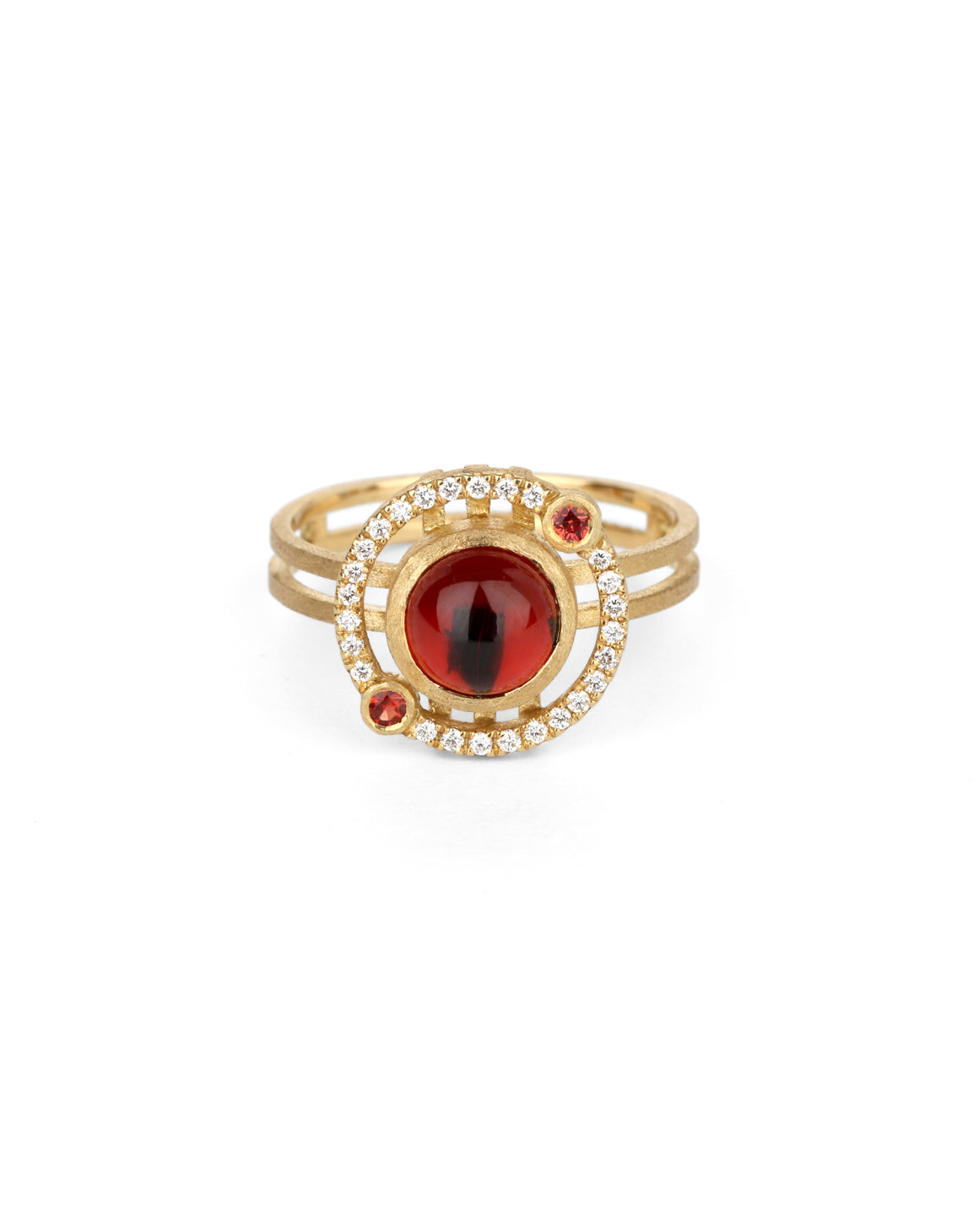 Geometric ring with red garnet and two orange sapphires and a diamond circular surround. 18ct yellow gold, textured finish.