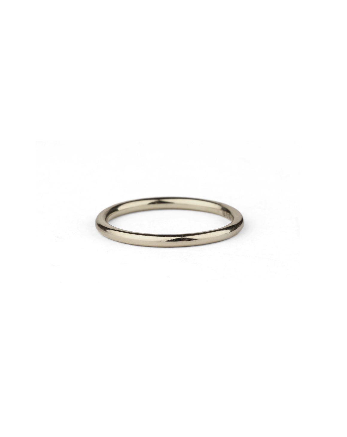 Rounded wedding band. 18ct white gold, polished finish.