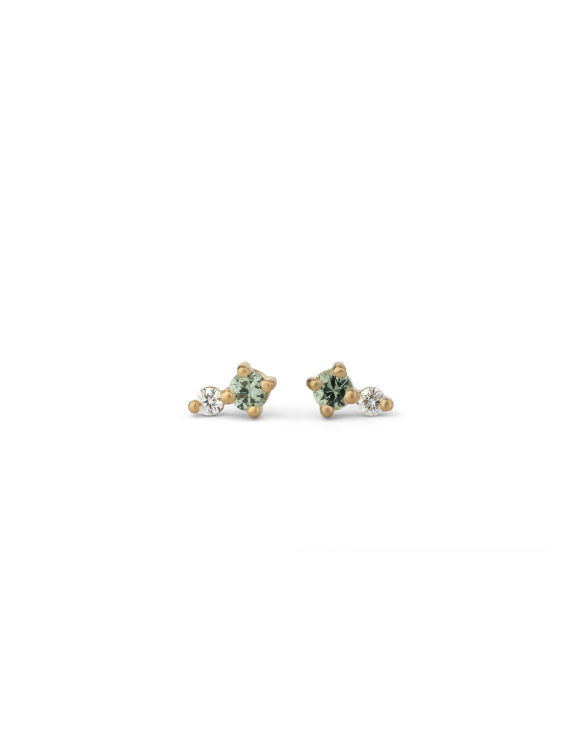 Green sapphire and white diamond stud earrings. 18ct yellow gold, satin finish.