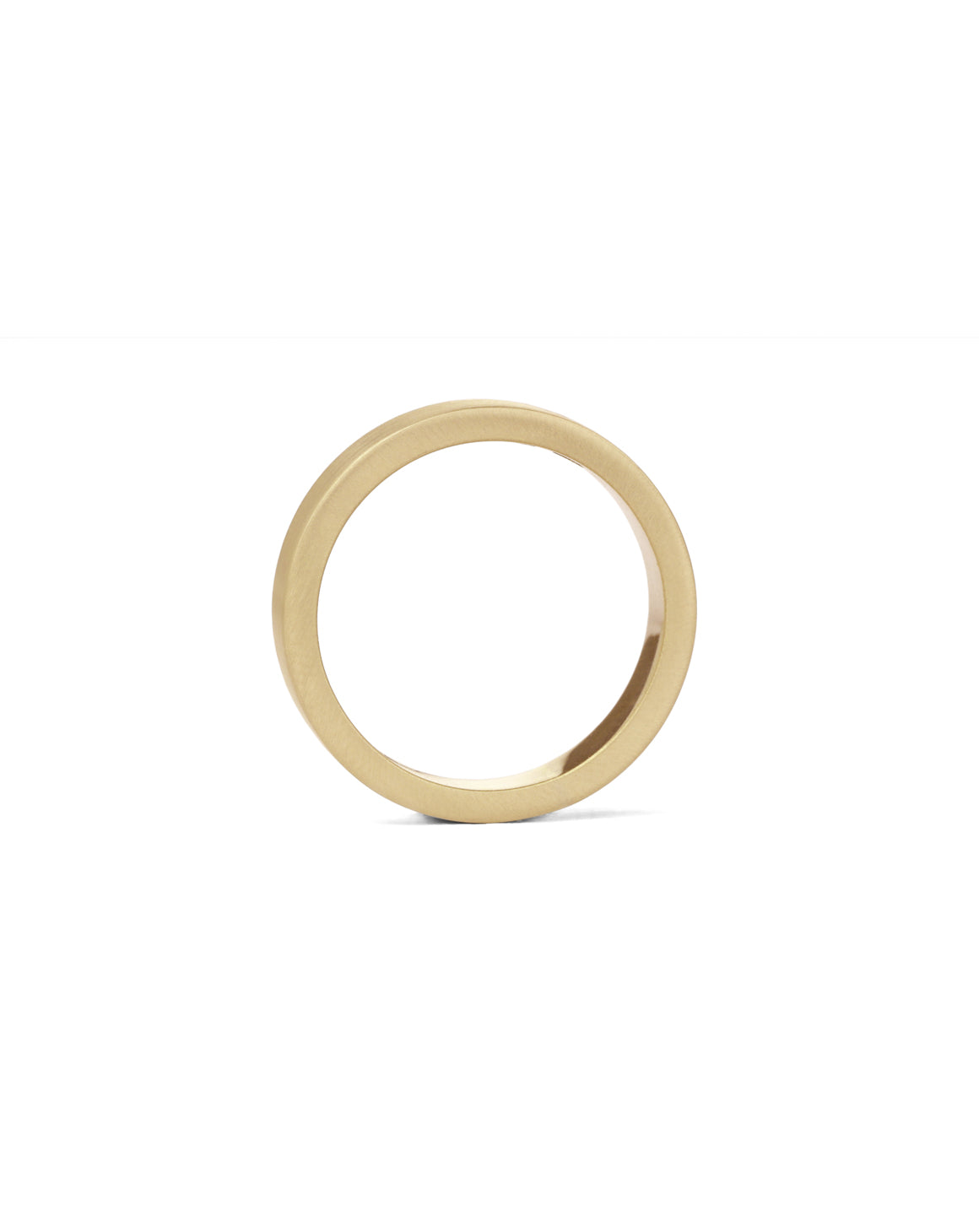 Flat wedding band. 18ct yellow gold, satin finish. Side view.