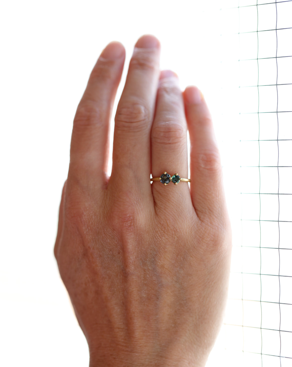 Grey Spinel and Teal Sapphire Duo Ring