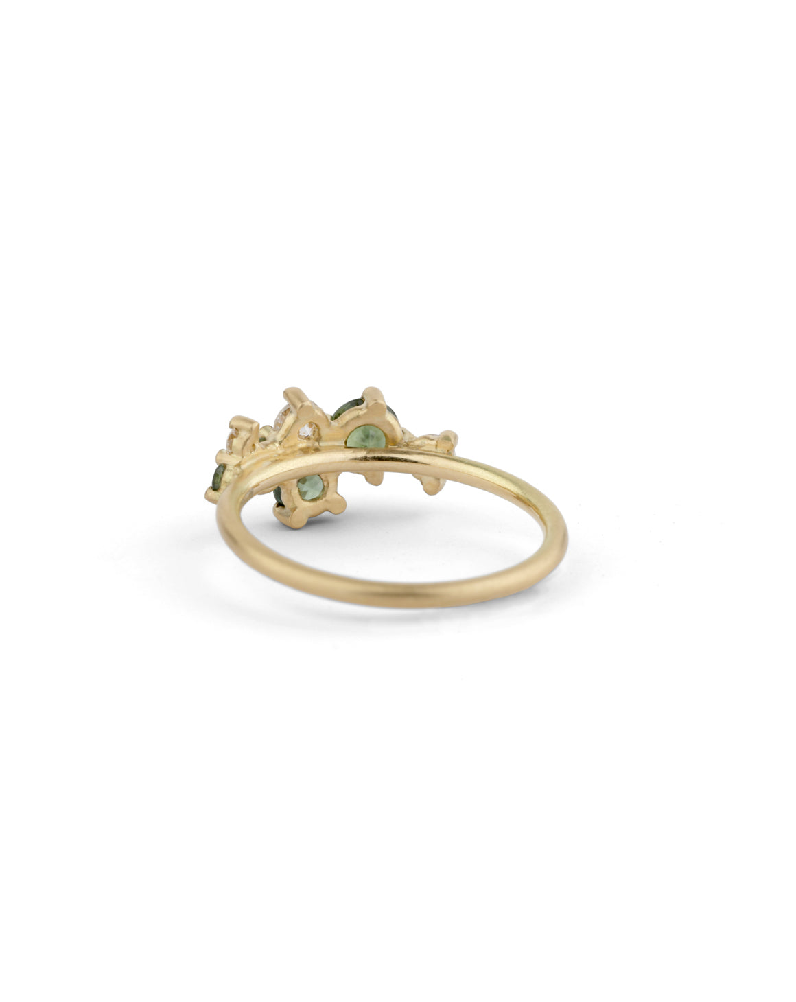 Asymmetric cluster style ring with green sapphires and white diamonds. 18ct yellow gold, satin finish. Back view.