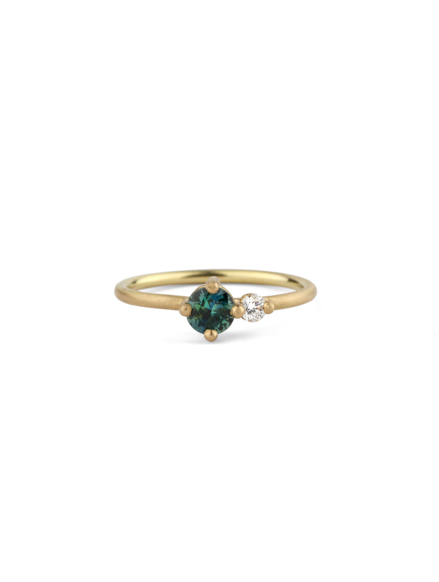 Teal Australian Sapphire and Ocean Diamond Round Duo Ring