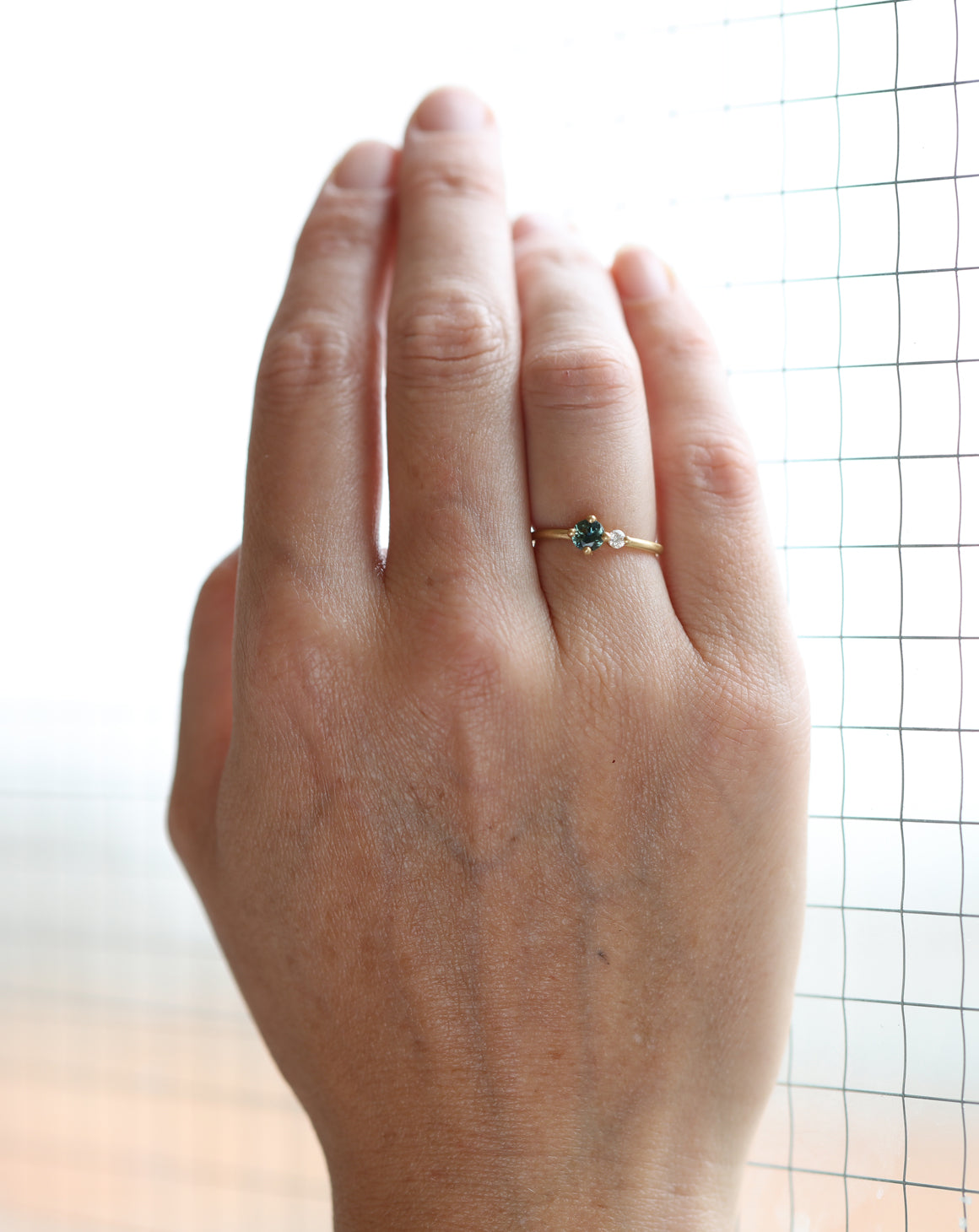 Teal Australian Sapphire and Ocean Diamond Round Duo Ring