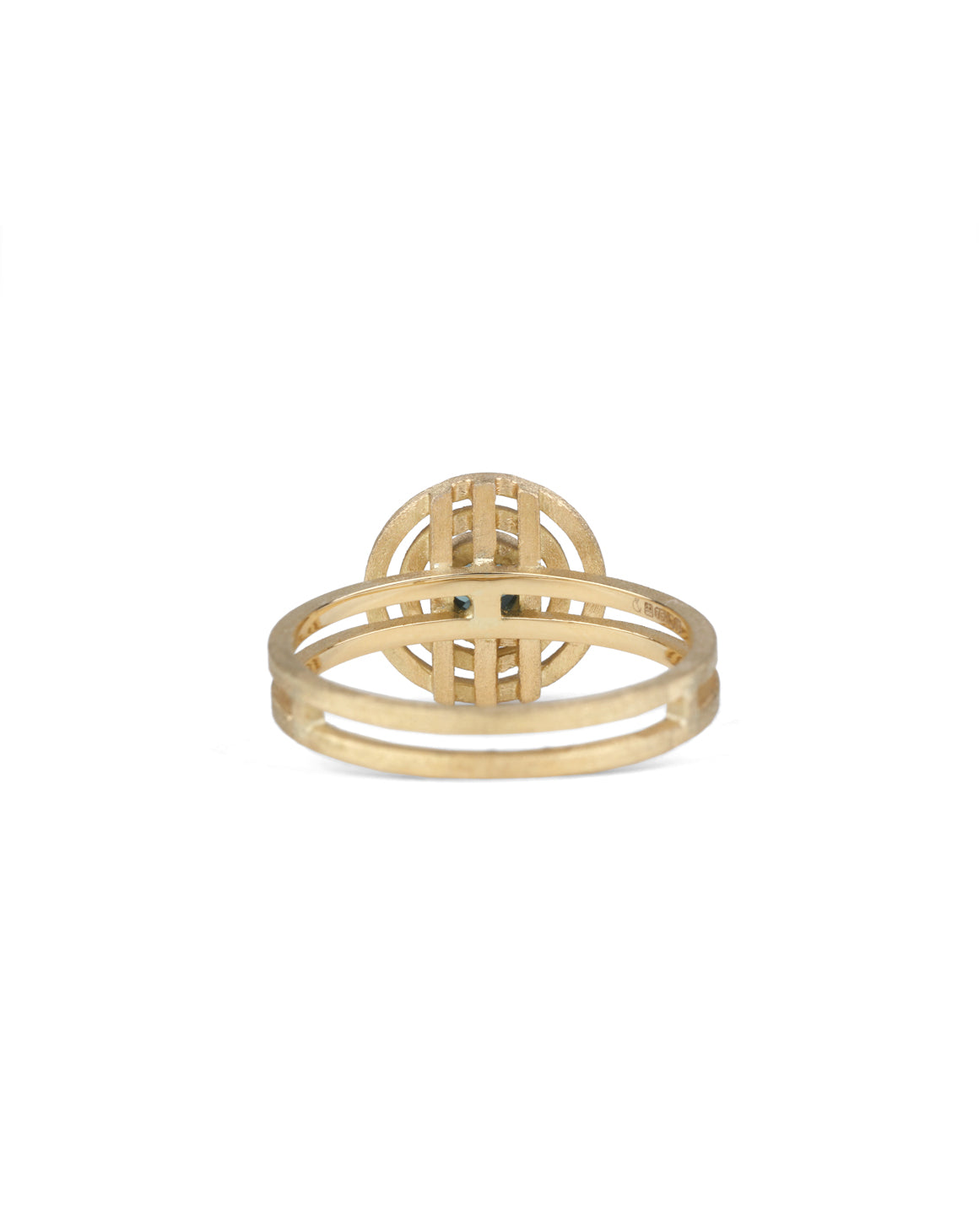 Geometric ring with concentric circles, central teal tourmaline. 18ct yellow gold, textured finish. Back view.