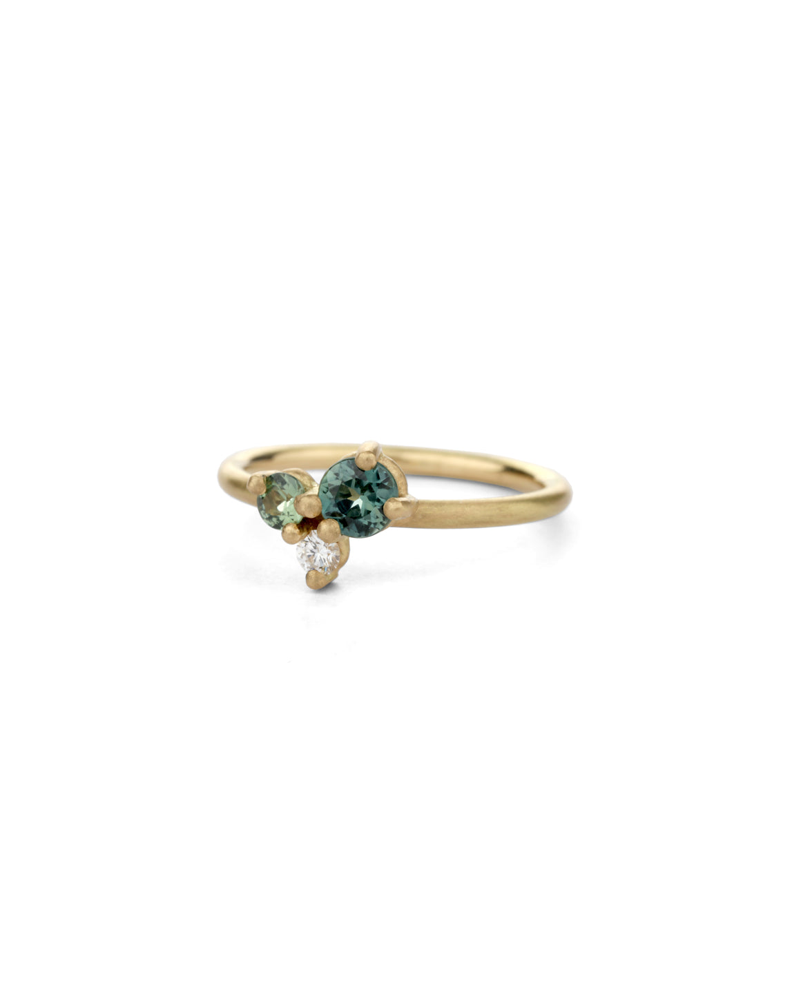 Teal Green Australian Sapphire and Natural Diamond Round Trio Cluster Ring