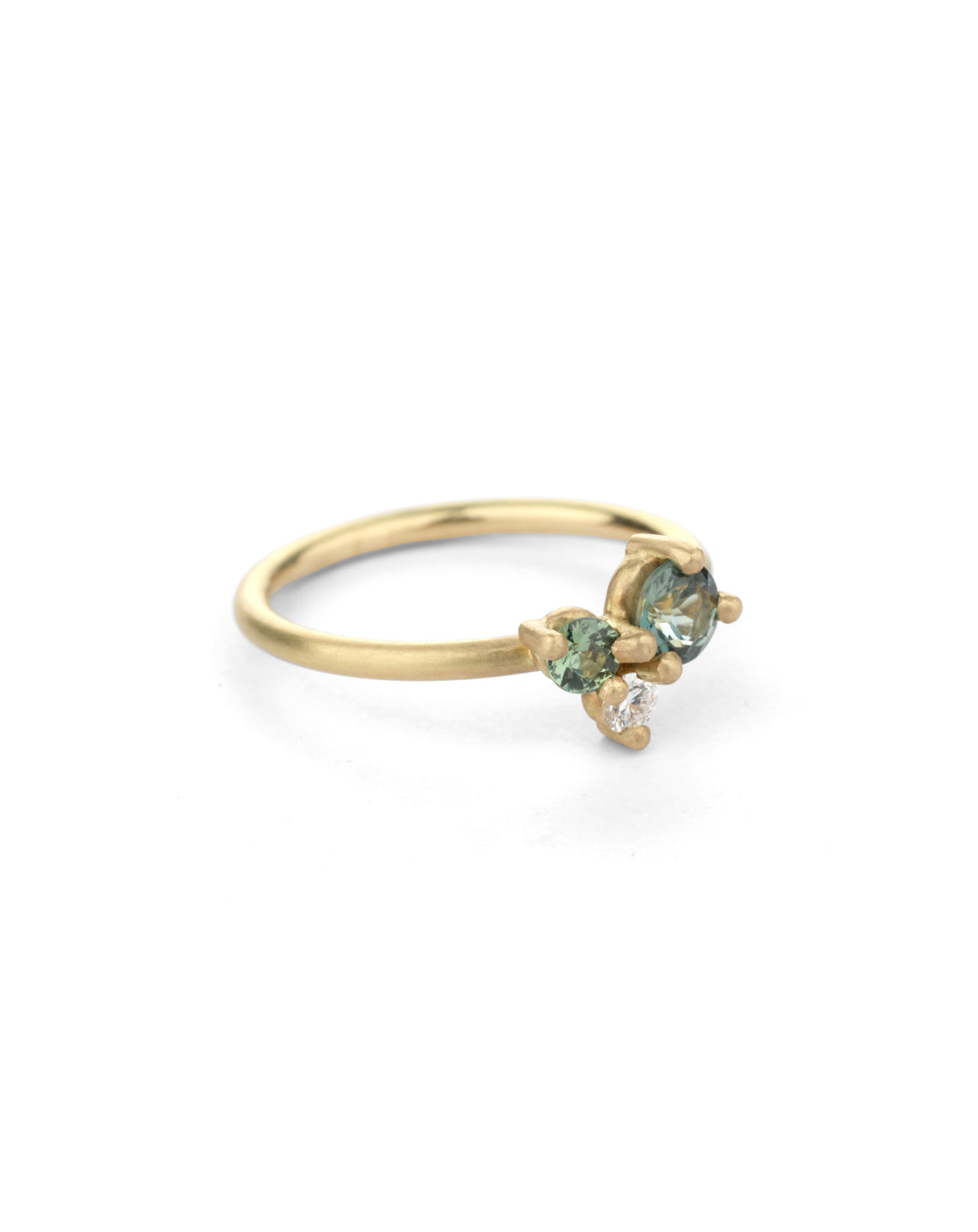 Teal Green Australian Sapphire and Natural Diamond Round Trio Cluster Ring