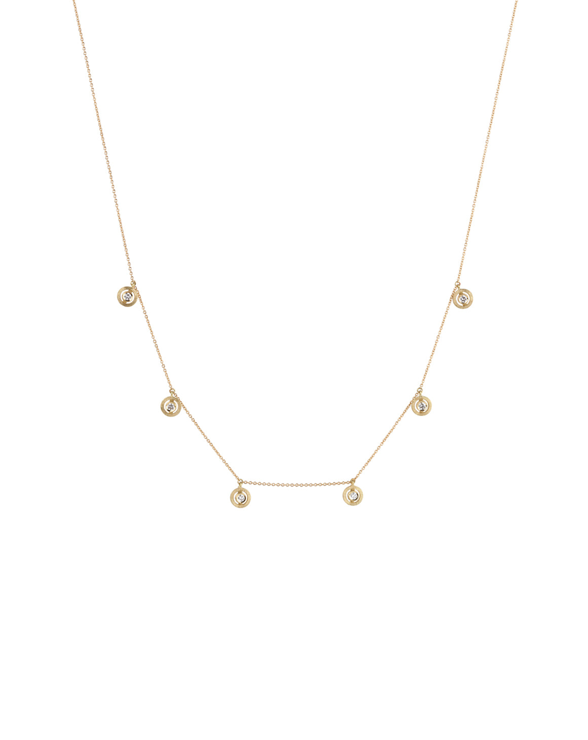 necklace with size circular diamond drops. 18ct yellow gold, textured finish.