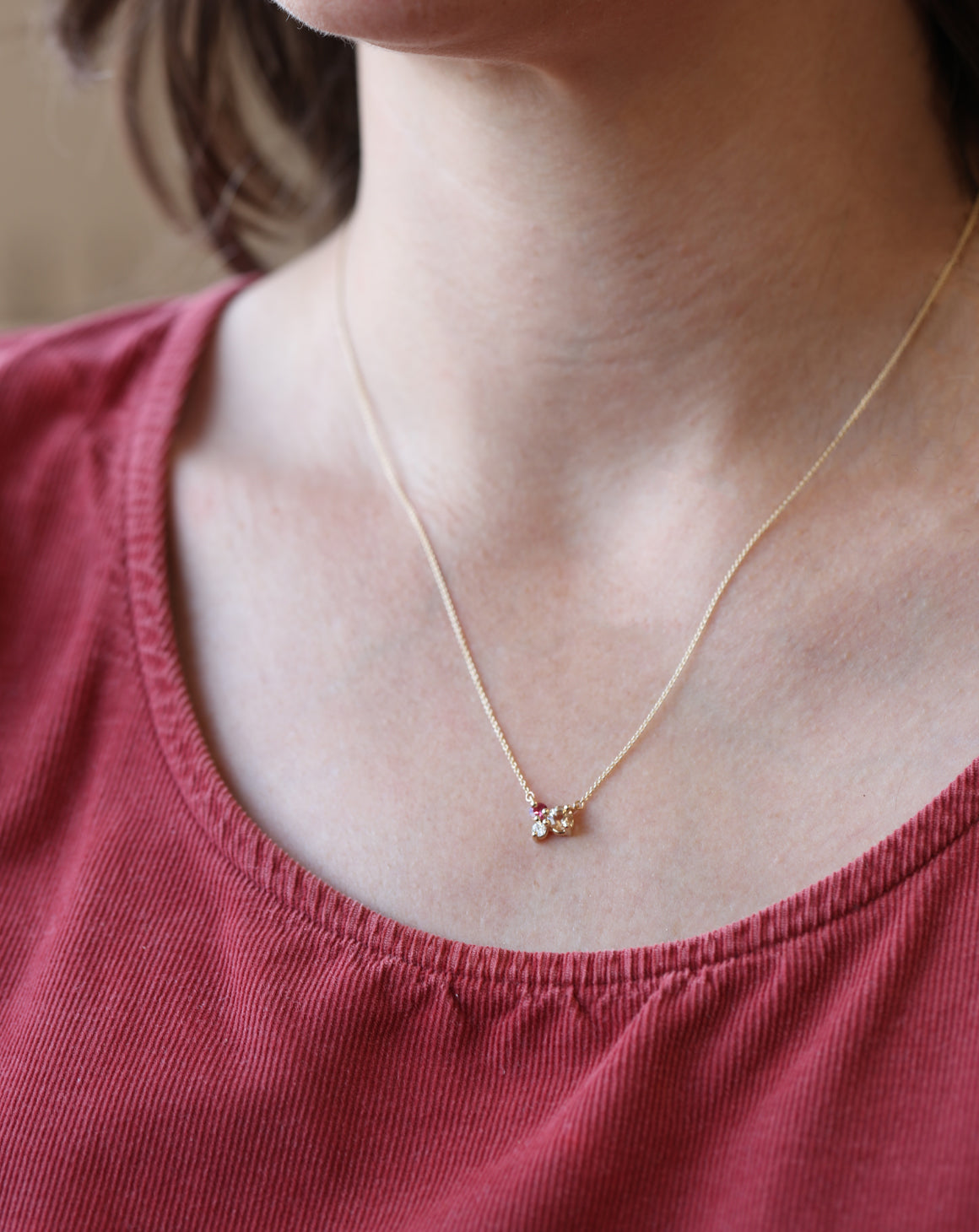 Peach Topaz, Ruby and Diamond Trio Birthstone Pendant