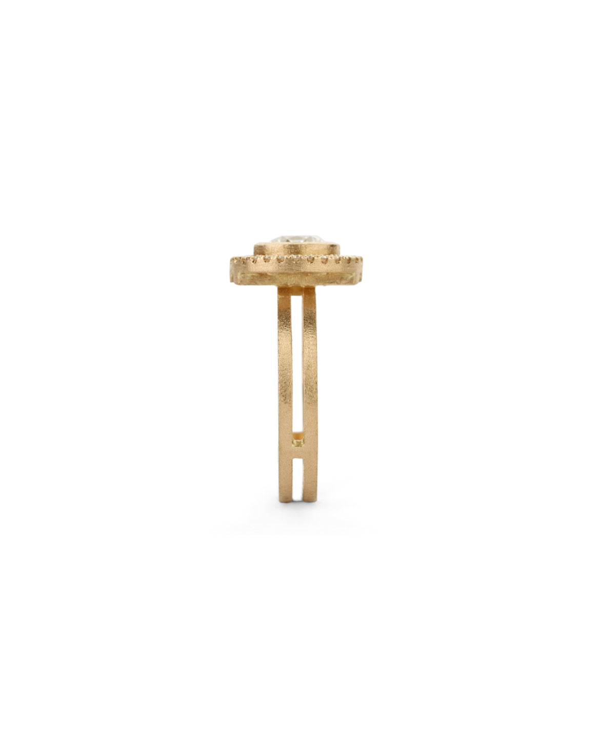 Diamond halo ring in with double band. 18ct yellow gold with textured finish. Side view.