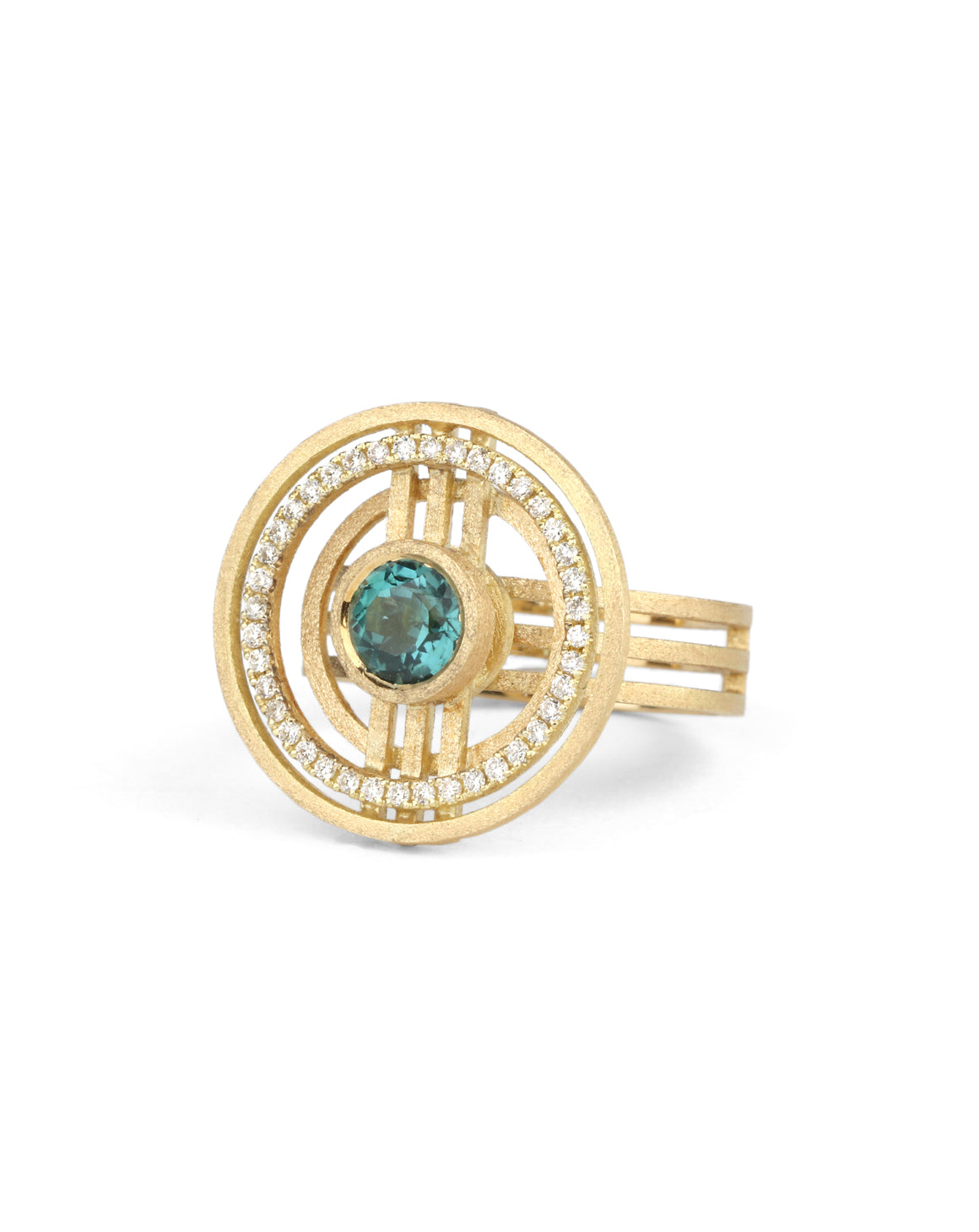 Geometric statement ring with central teal tourmaline and outer diamond set circle. 18ct yellow gold, textured finish.