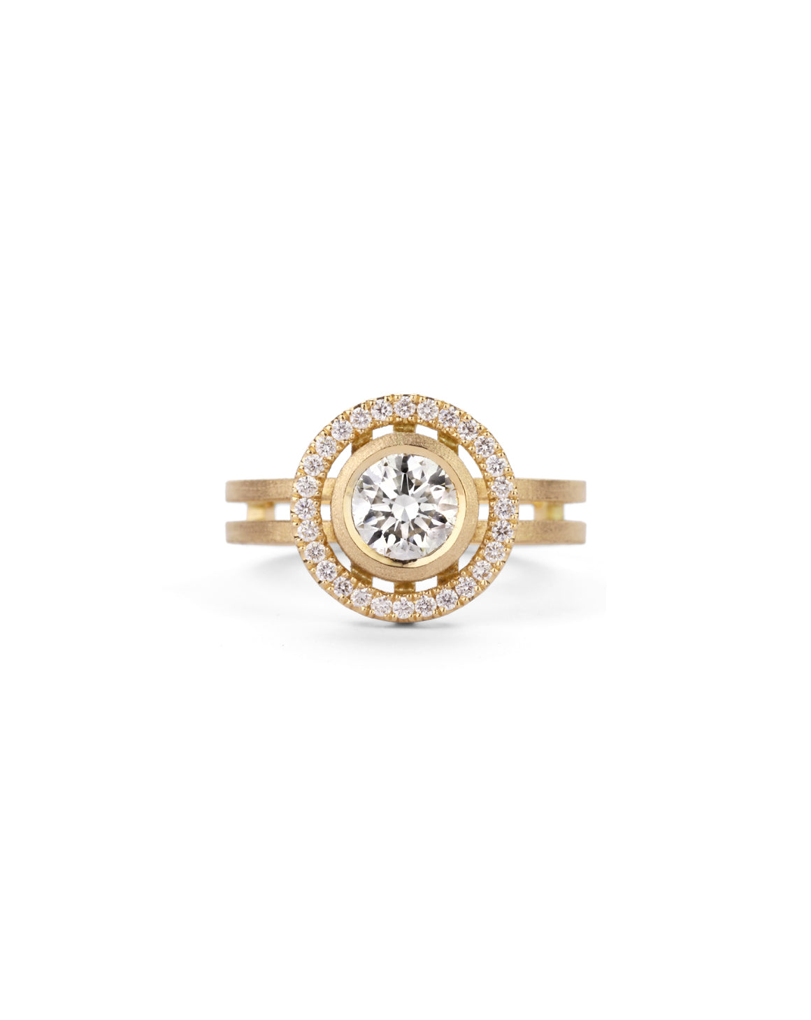 Diamond halo ring in with double band. 18ct yellow gold with textured finish.
