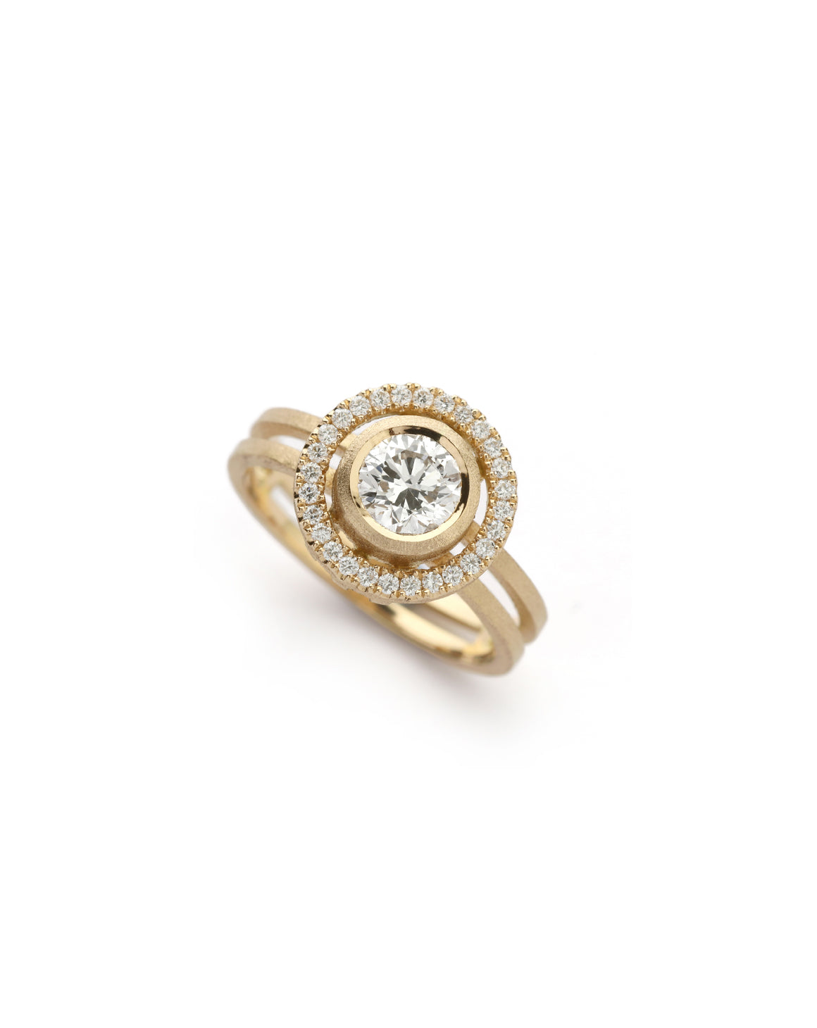 Diamond halo ring in with double band. 18ct yellow gold with textured finish.