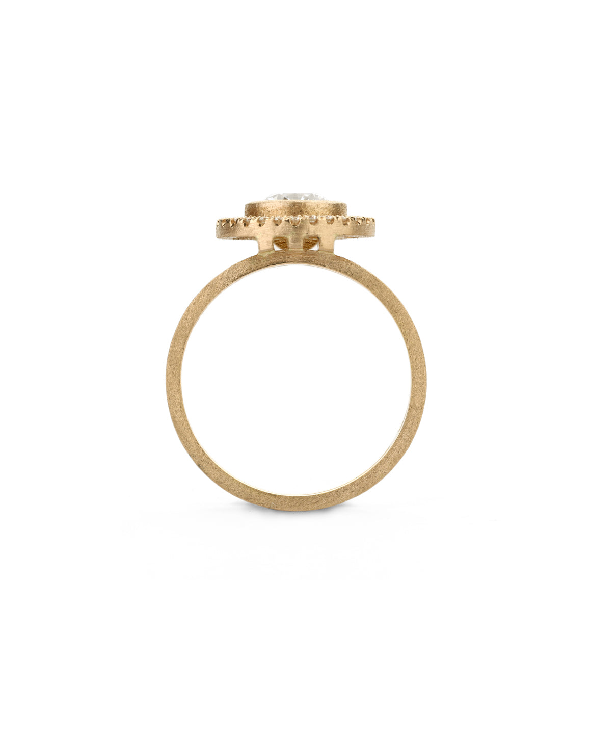 Diamond halo ring in with double band. 18ct yellow gold with textured finish. Side view