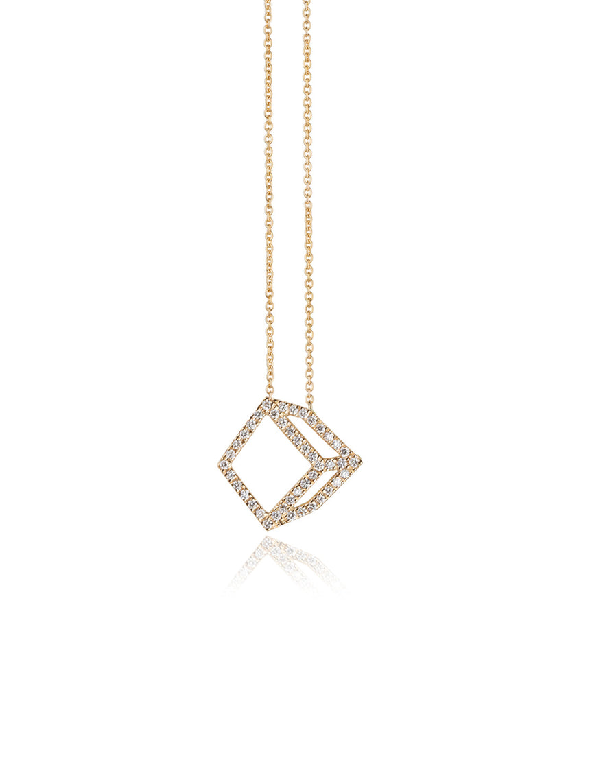 Diamond set pendant of cube shape. 18ct yellow gold