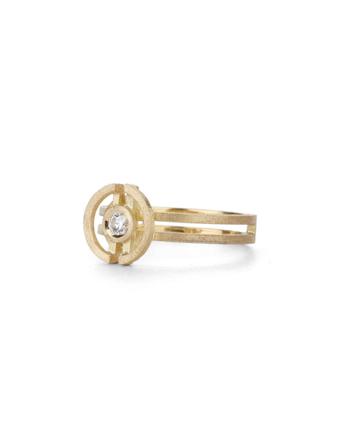 Geometric ring with semicircular detail and central diamond and double band. 18ct yellow gold, textured finish. Back view.