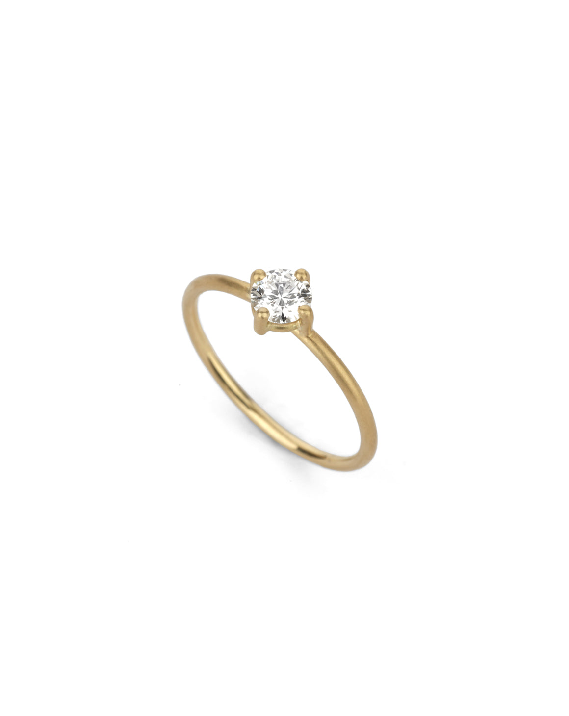 Solitaire ring with round white diamond, four claw setting. 18ct yellow gold, polished finish.