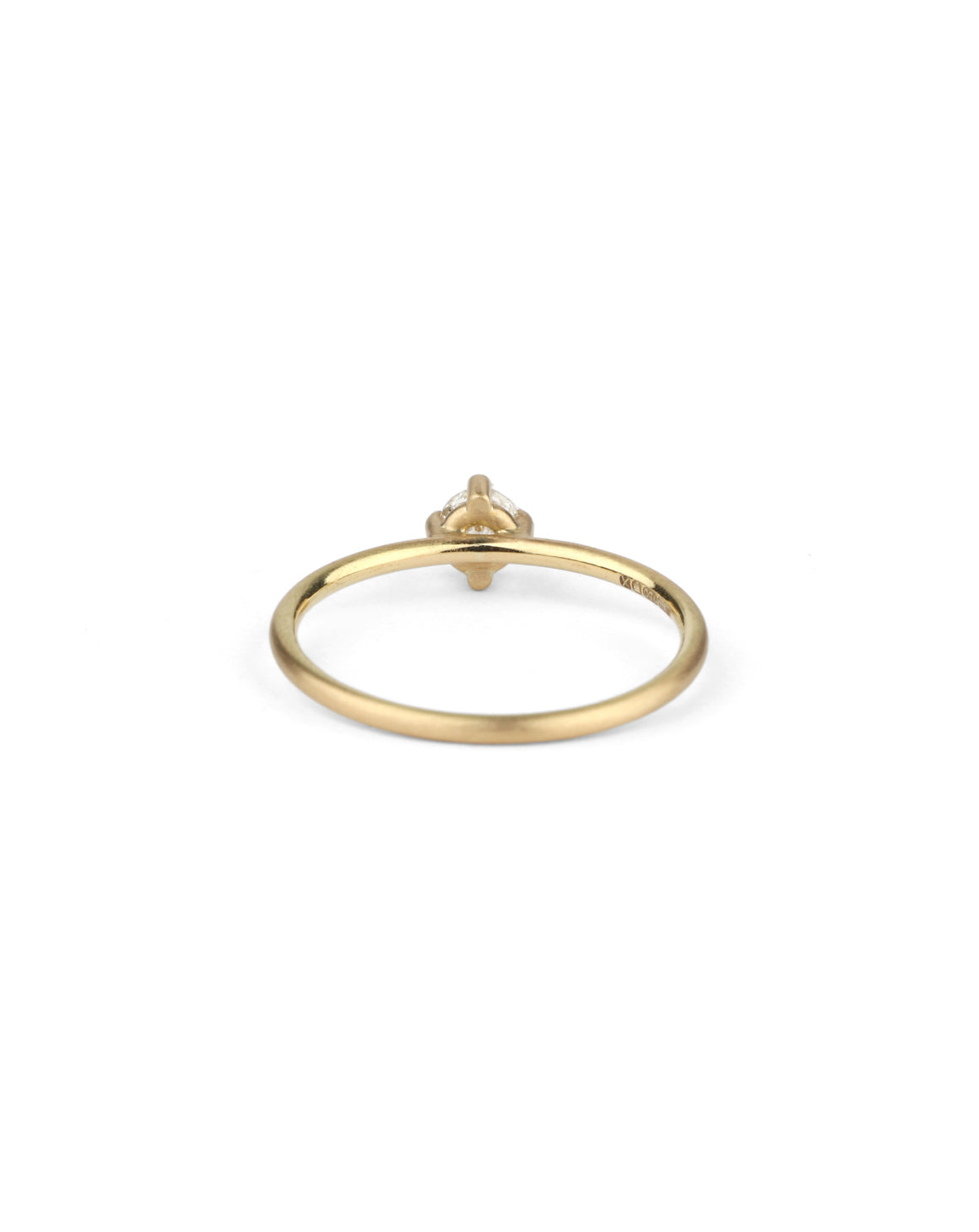 Solitaire ring with round white diamond, four claw setting. 18ct yellow gold, satin finish. Back view.