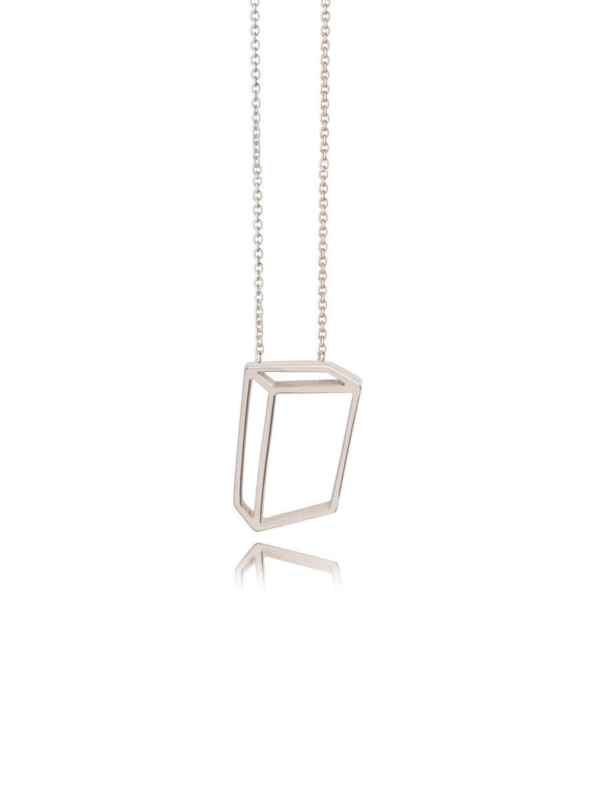 Pendant in the 2d form of a 3d rectangular cuboid. 18ct white gold, polished finish.