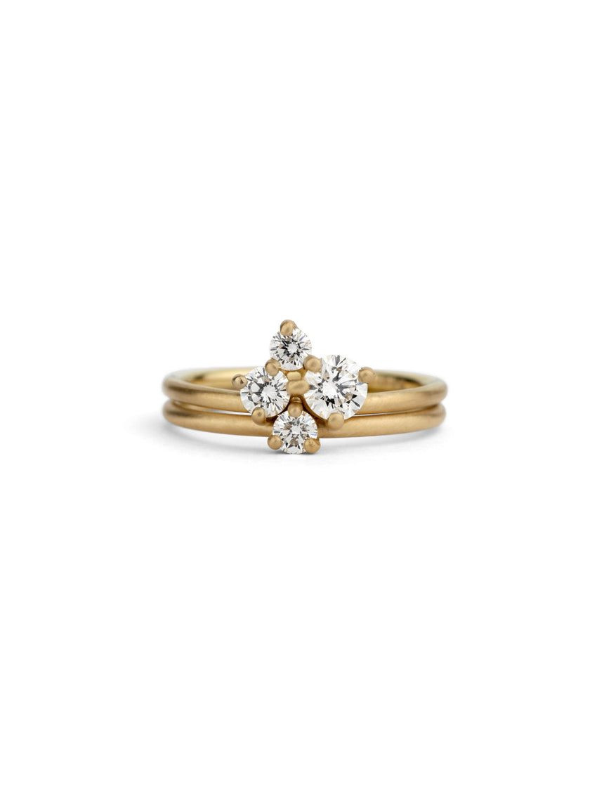Diamond cluster set of two rings. 18ct yellow gold, satin finish.