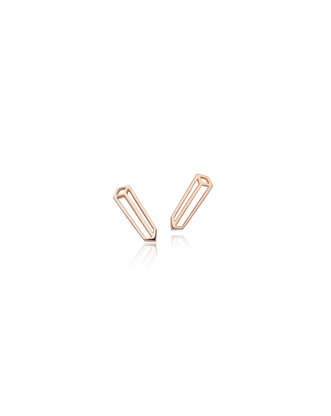 A pair of Earstuds as a 2d representation of a long rectangular 3d cuboid. 18ct rose gold, polished finish.