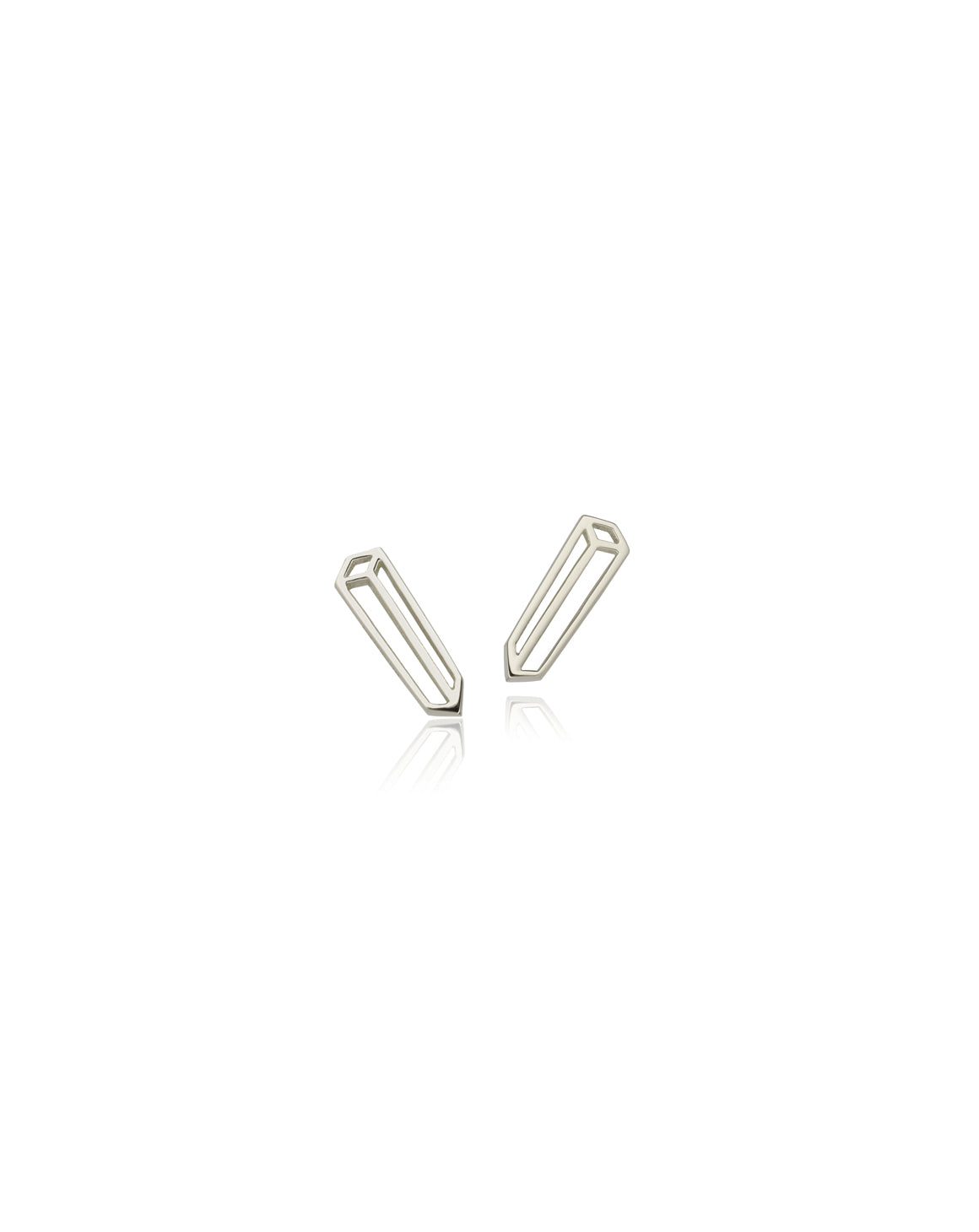 A pair of Earstuds as a 2d representation of a long rectangular 3d cuboid. 18ct white gold, polished finish.