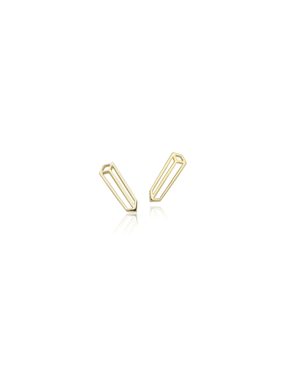 A pair of Earstuds as a 2d representation of a long rectangular 3d cuboid. 18ct yellow gold, polished finish.