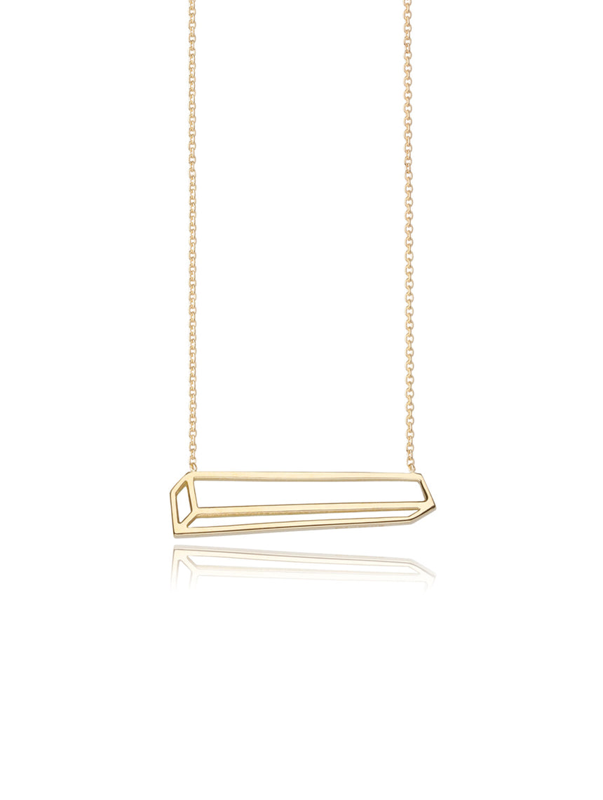 A pendant as a 2d representation of a long rectangular 3d cuboid. 18ct yellow gold, polished finish.