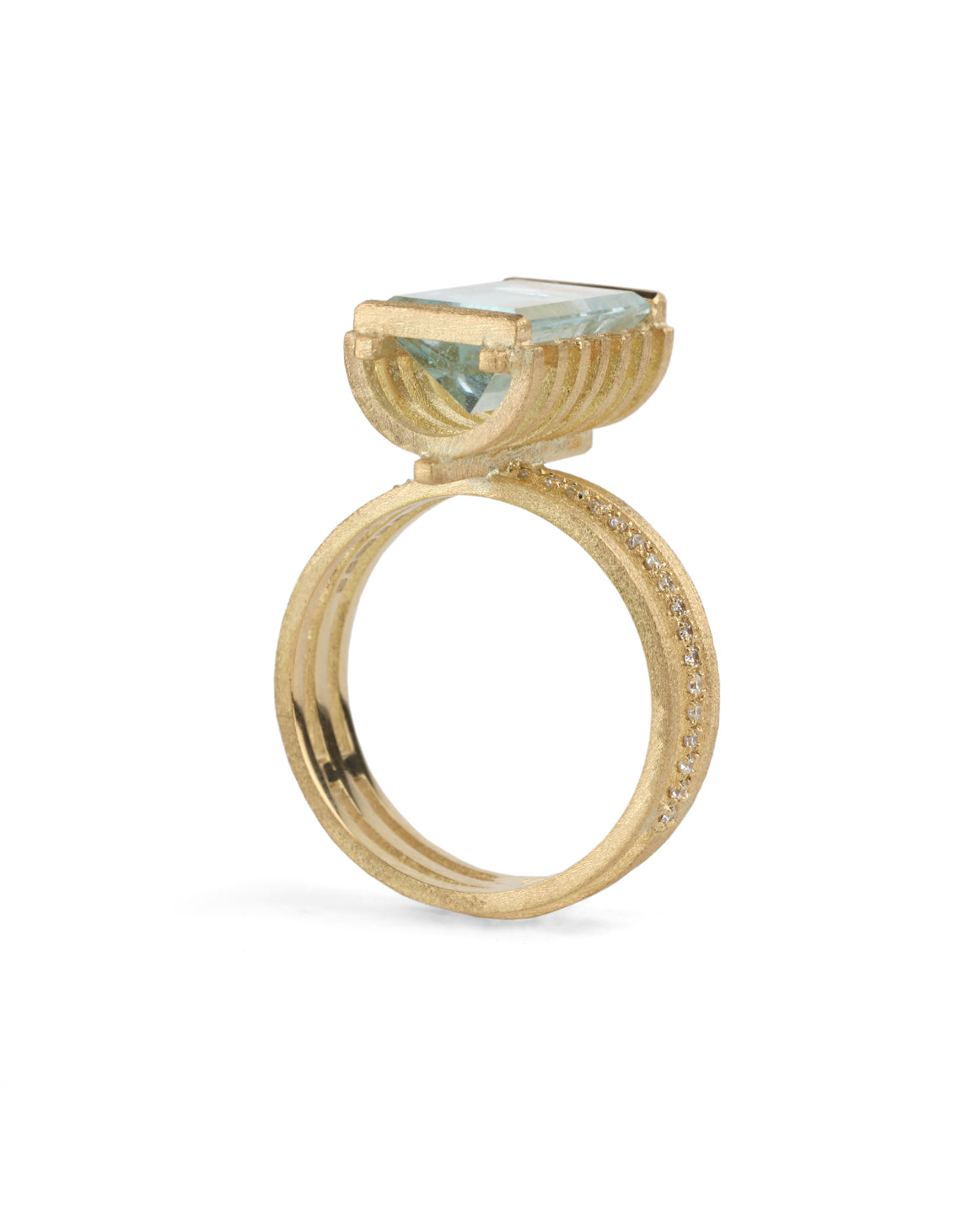Mirror-cut aquamarine ring with diamond detail on the band, 18ct yellow gold.