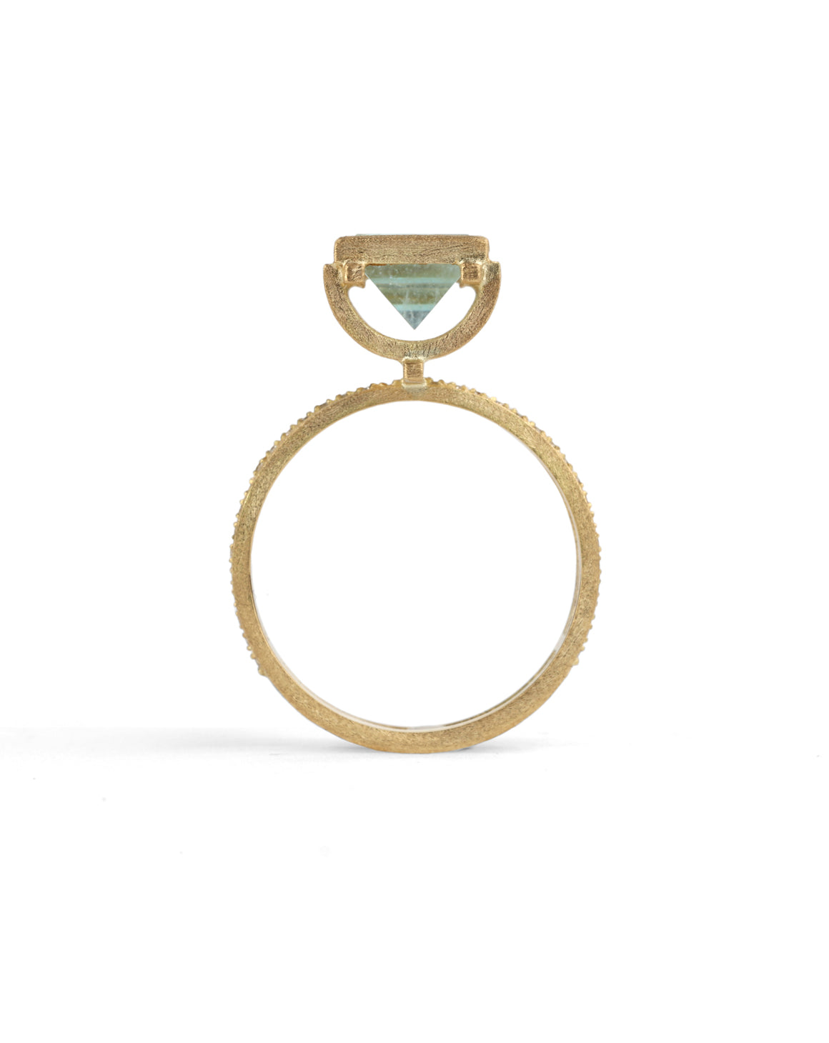 Mirror-cut aquamarine ring with diamond detail on the band, 18ct yellow gold, side profile.