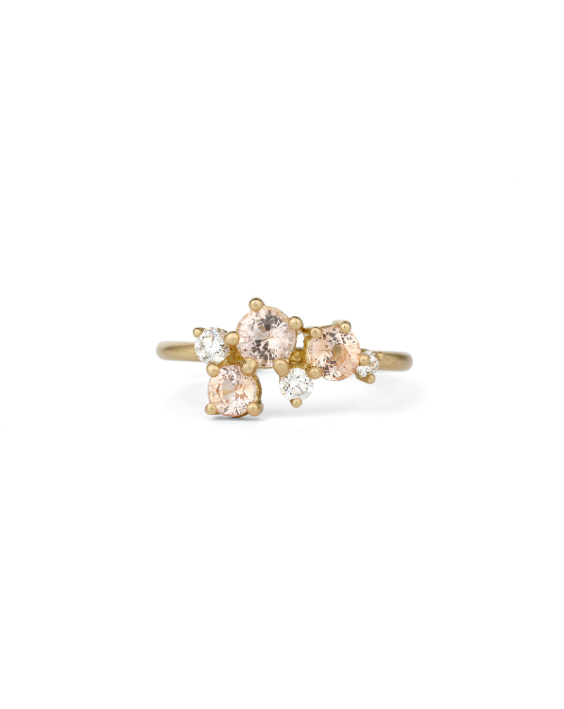 Cluster ring with peach sapphires and white diamonds. 18ct yellow gold, satin finish.
