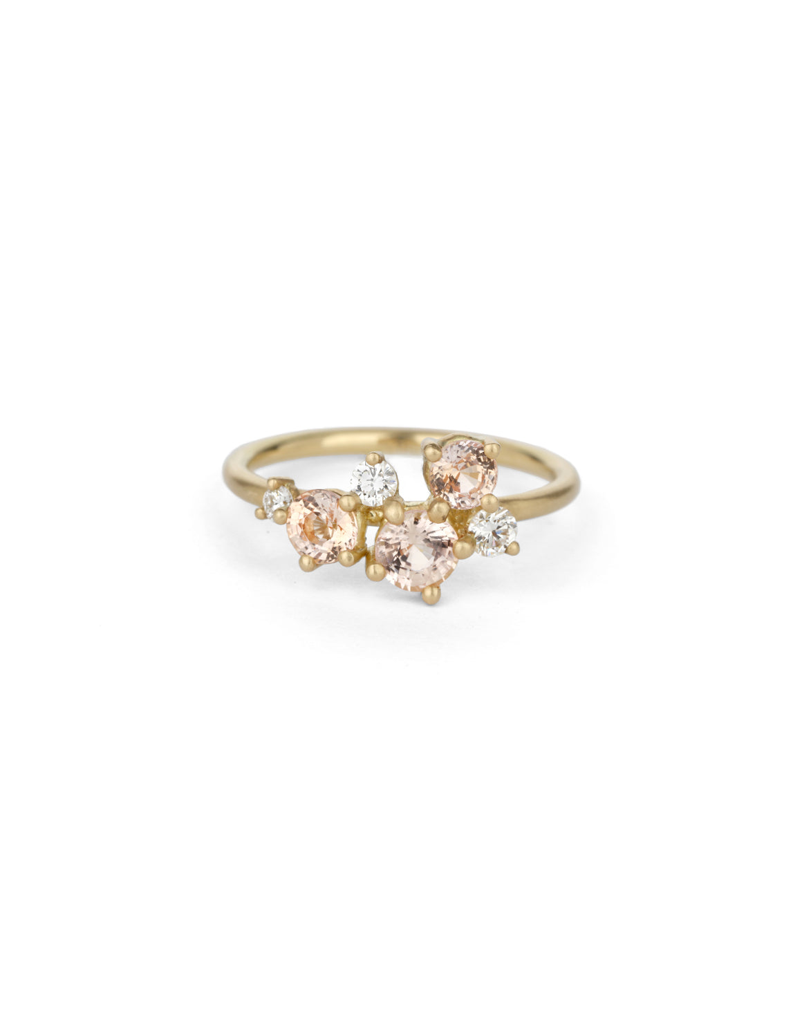Cluster ring with peach sapphires and white diamonds. 18ct yellow gold, satin finish.