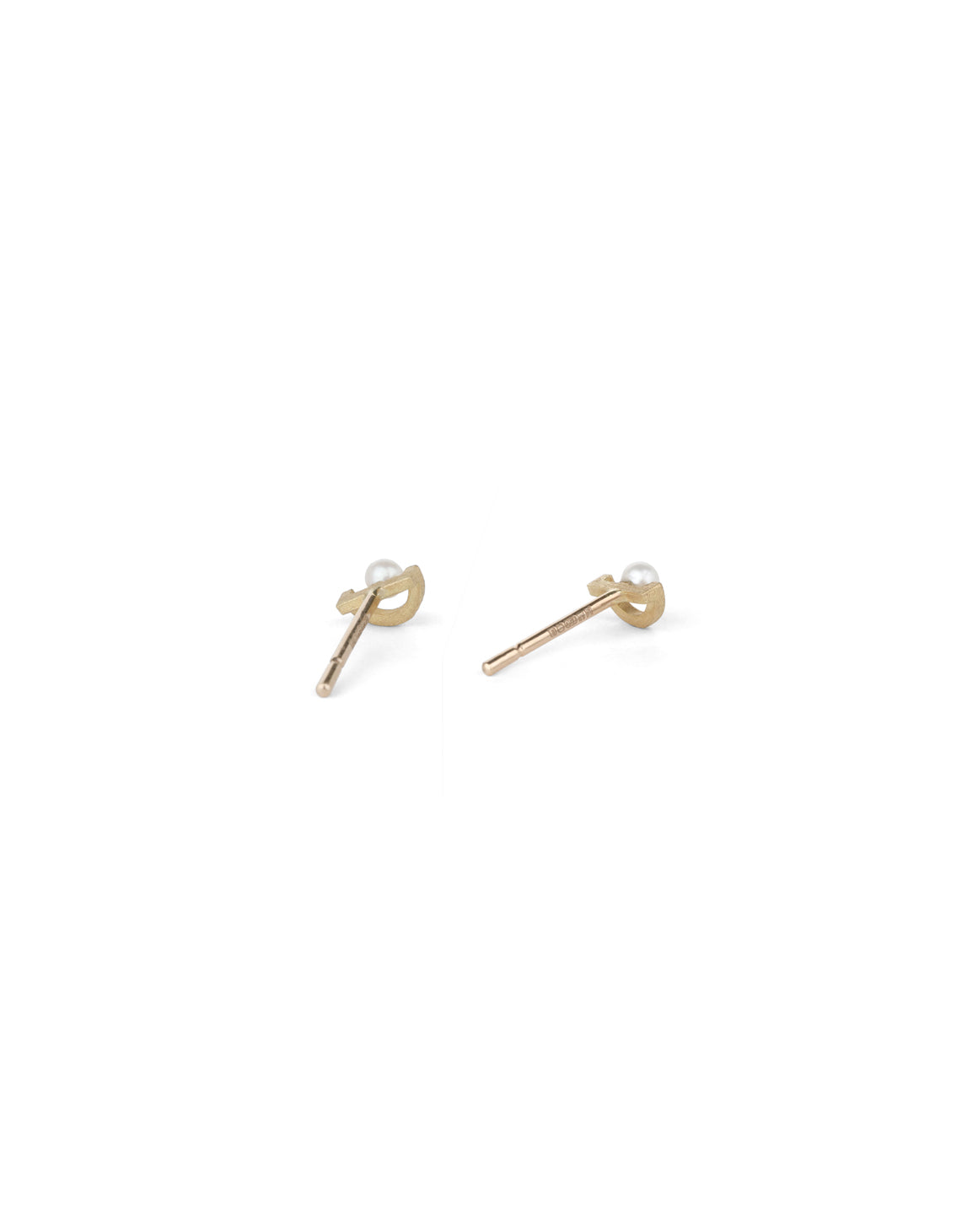 Ear studs with white pearls and semi circle detail. 18ct yellow gold, textured finish. Back view.