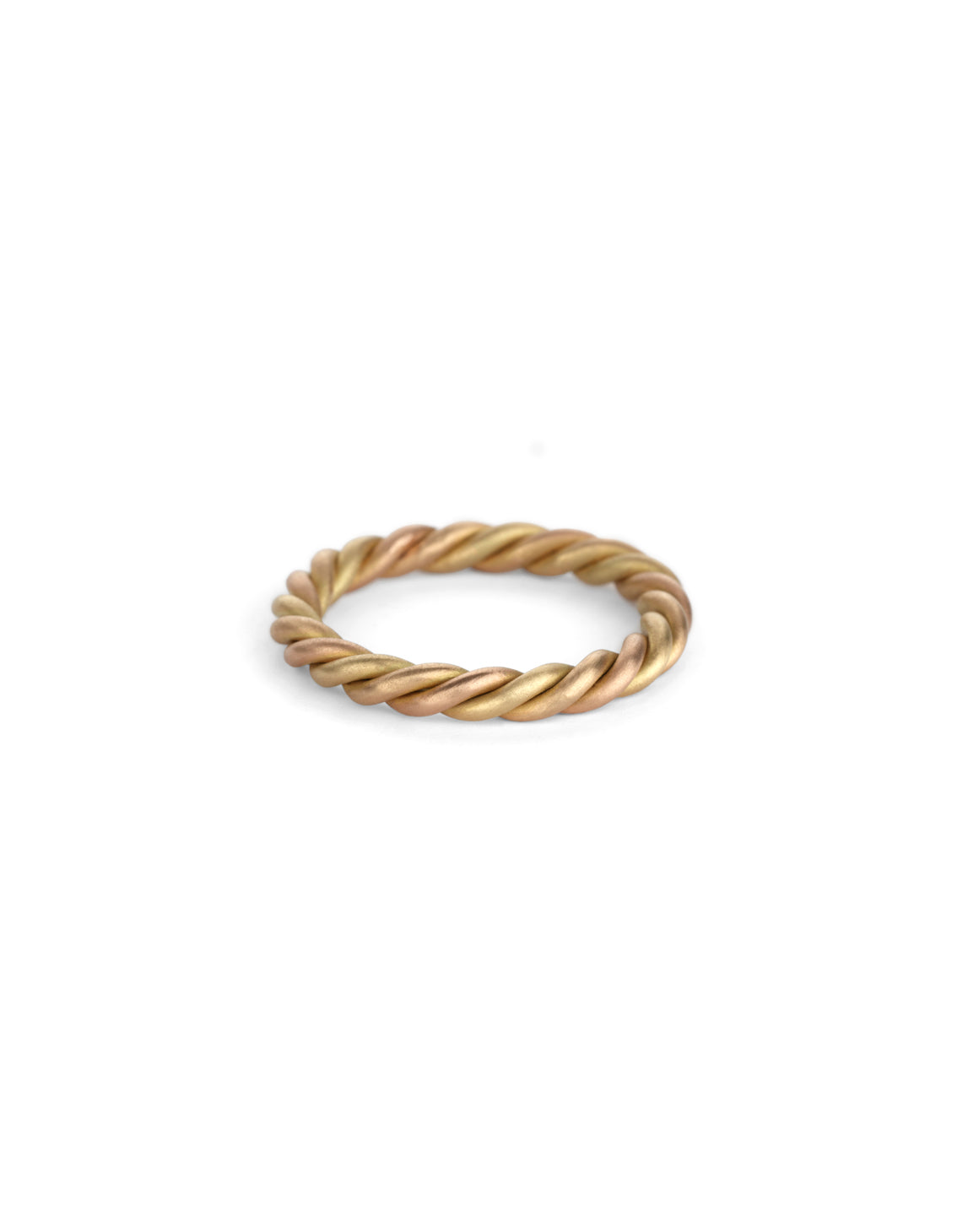 Rope style ring in 18ct yellow, rose and peach gold, satin finish.